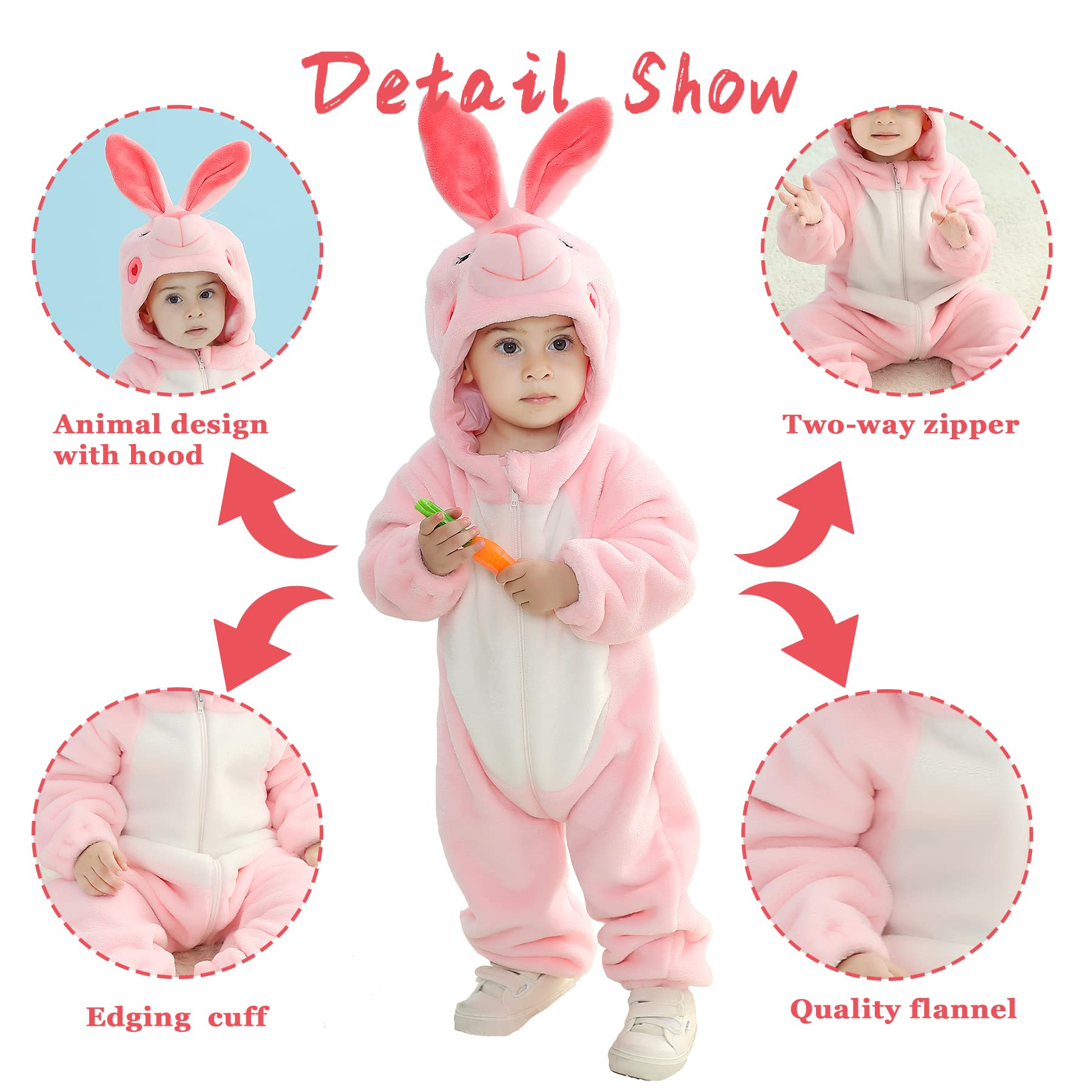 Doladola Baby Boys Girls Cartoon Animal Hooded Costume Infant Pajamas Romper(3 Months,rabbit), Pink Rabbit - Image 2