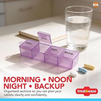 Treat & Ease Weekly Pill Organiser 7 Day 4 Times a Day - Colourful Compartments, Portable Storage Medication Organizer and Easy-to-Lift Lids, Ideal for Daily Supplements and Elderly Travel Tablet Box