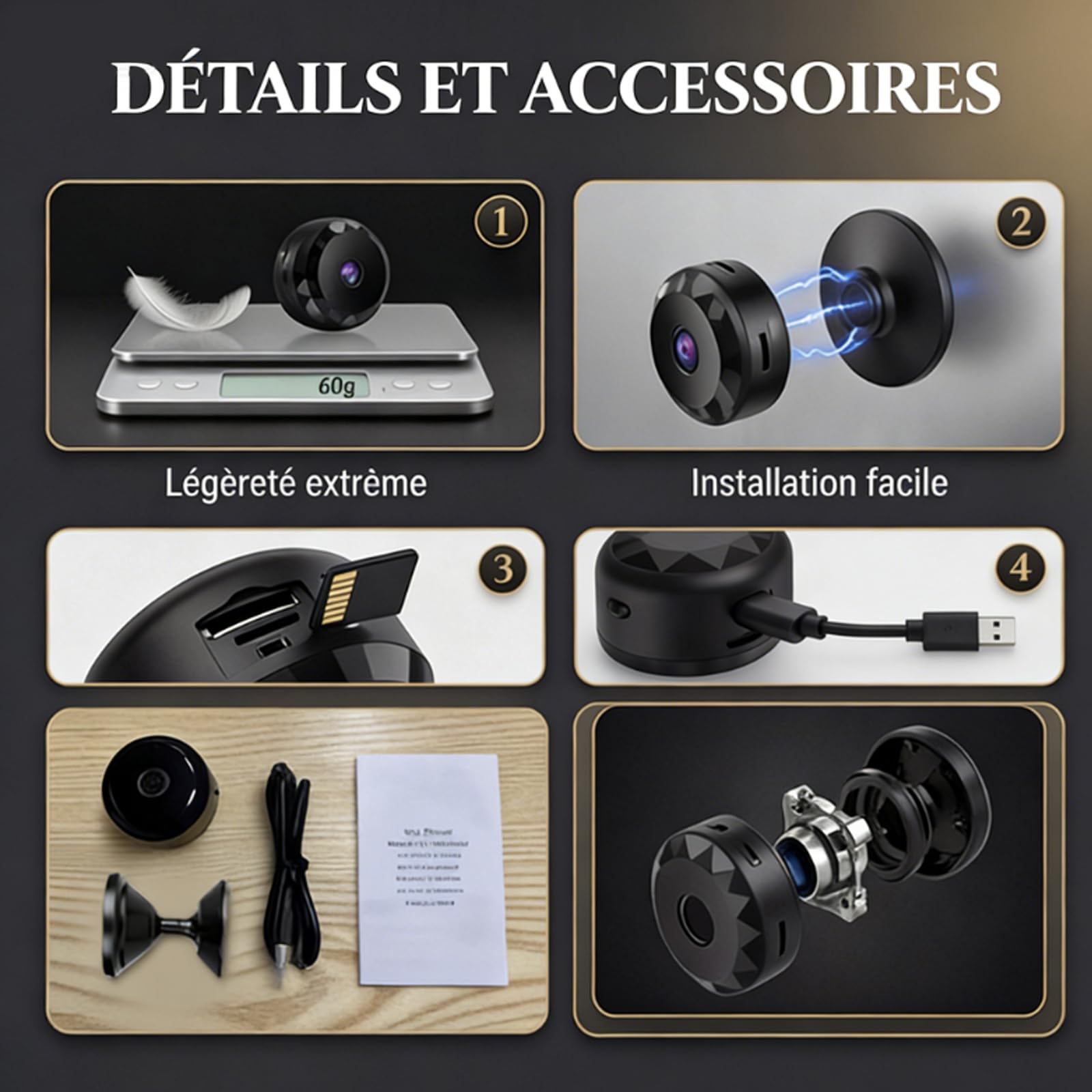 Camera Espion Mini sans Fil WiFi 1080P Caméra Espion Invisible Micro Petite Extérieur Discrete a Distance Maison de Interieur Extérieur Surveillance Spy Cam Grande Enregistrement Black