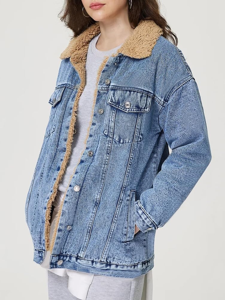 Damska kurtka Sherpa Trucker Kołnierz ze sztucznego futra Guzik w dół Luźny chłopak Jean Coat