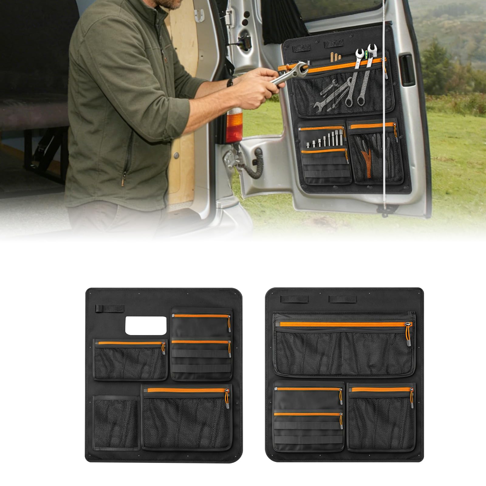 Lot de 2 Sacs de rangement pour hayon de voiture Compatible avec VW T5 T6, Organisateur de rangement pour panneau de porte arrière Tissu Oxford
