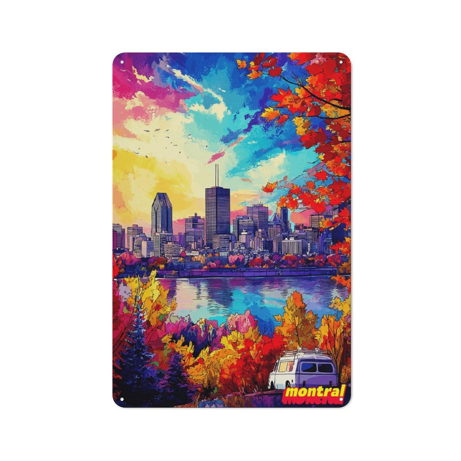 Junmoney Autumn Colors In Montreal Skyline -6 Rustic Metal Wall Sign 30X20cm For Kitchen Or Home Bar, For Garage, Workshop And Man Cave Decoration