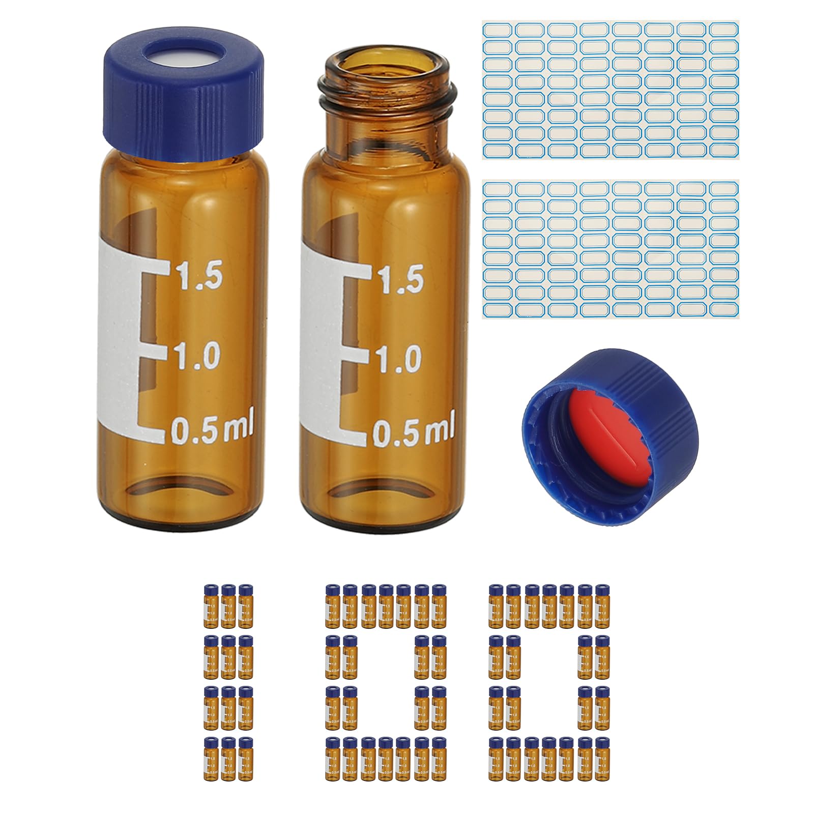 PATIKIL 2ml Autosampler Fläschchen 100 Stück Vorgeschnittene Septen HPLC/GC Fläschchen 9-425 Labor Bernstein Fläschchen Probenfläschchen Schraubverschluss PTFE Und Silikon Mit Etiketten