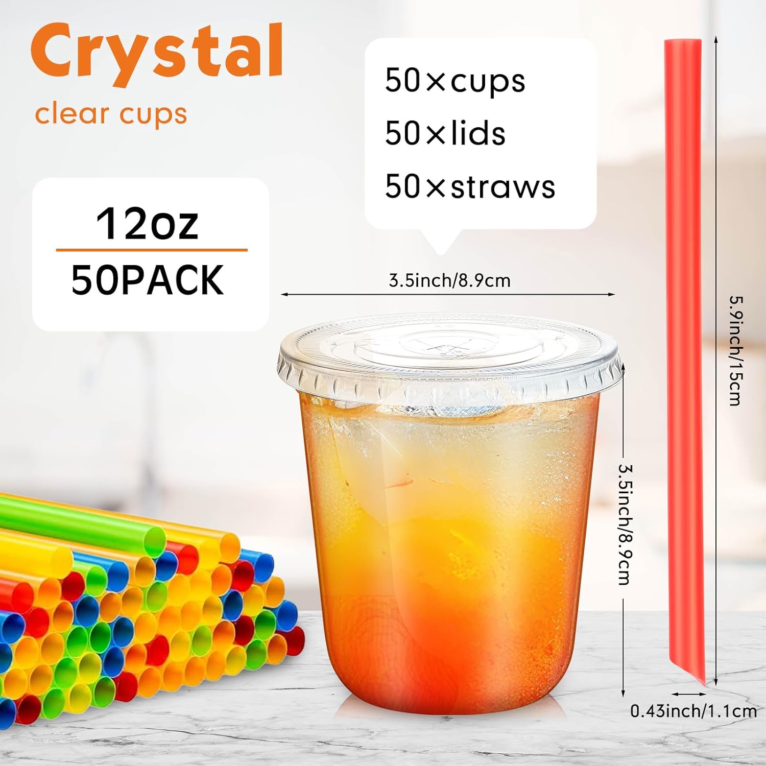 50 Sets Clear Cups with Lids and Jumbo Smoothie Straws Disposable Plastic Cups for Smoothies, Bubble Milk Tea, Milkshakes, Cold Drinks(12 oz) - Image 3