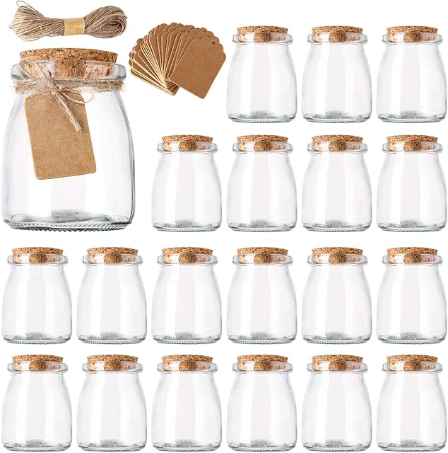 Nicunom 20 Pack Yogurt Jars, 200ml Clear Glass Pudding Jars with Cork Lids, Glass Jars Containers with Label Tags and String for Yogurt, Pudding, Milk, Jam, Honey, Mousse, Wedding Favors