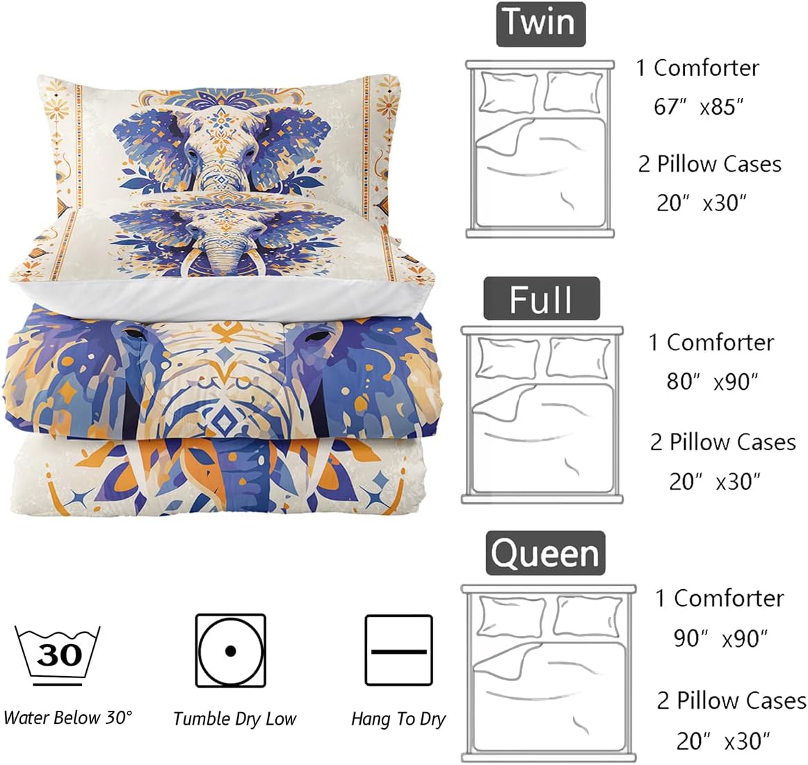 Nttopship Ethnic Elephant Comforter Bedding Set with 2 Pillowcase Queen Size Wild Animals Comforter Set for Kids Boys Girls Bedroom Decor
