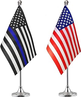 ZXvZYT 2 Pack American US Thin Blue Line flag USA Police table flag,Small Mini United States Law Enforcement Desk Flags With Stand Base,for Law Enforcement Party Events Celebration Decorations