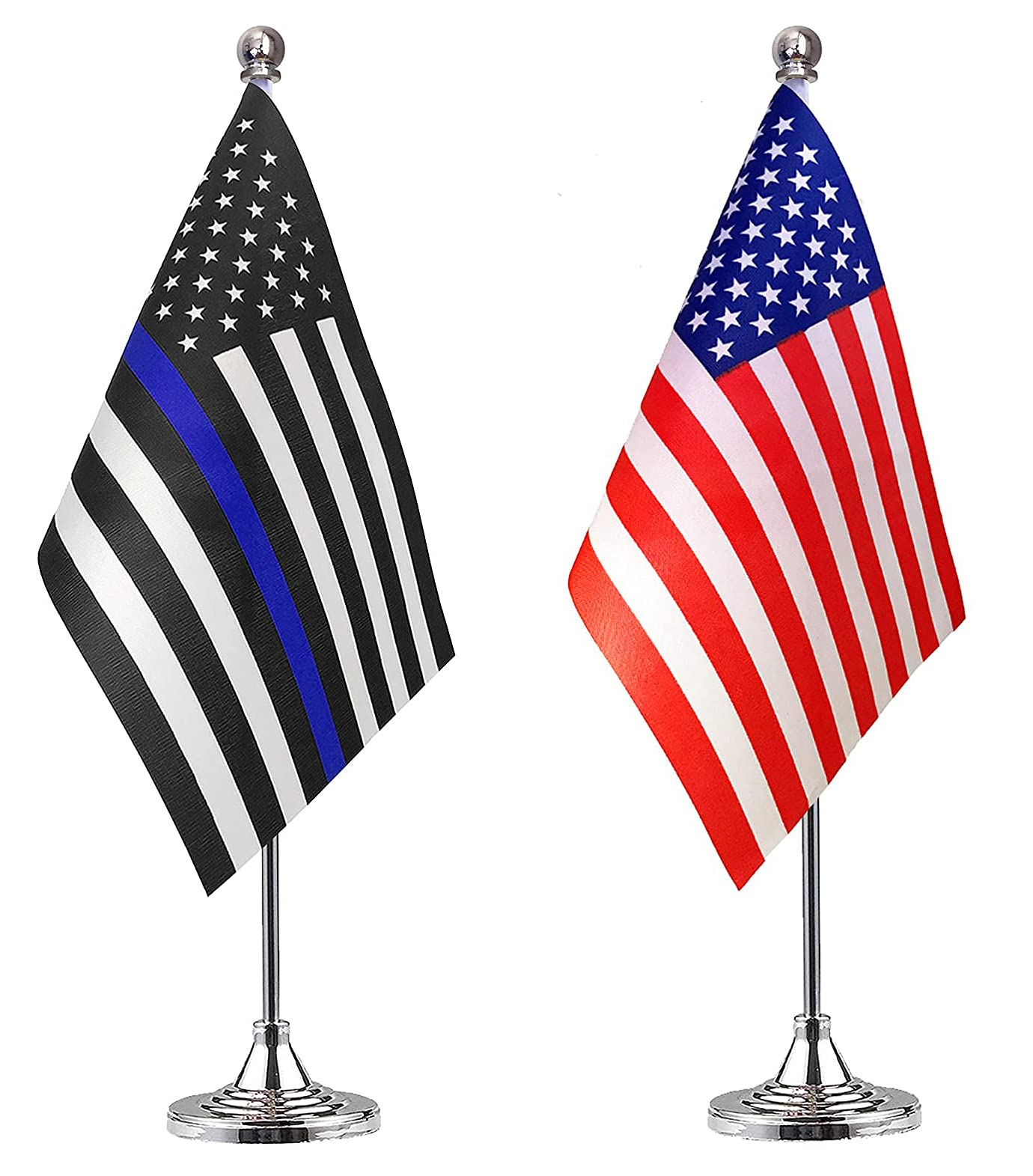 ZXvZYT 2 Pack American US Thin Blue Line flag USA Police table flag,Small Mini United States Law Enforcement Desk Flags With Stand Base,for Law