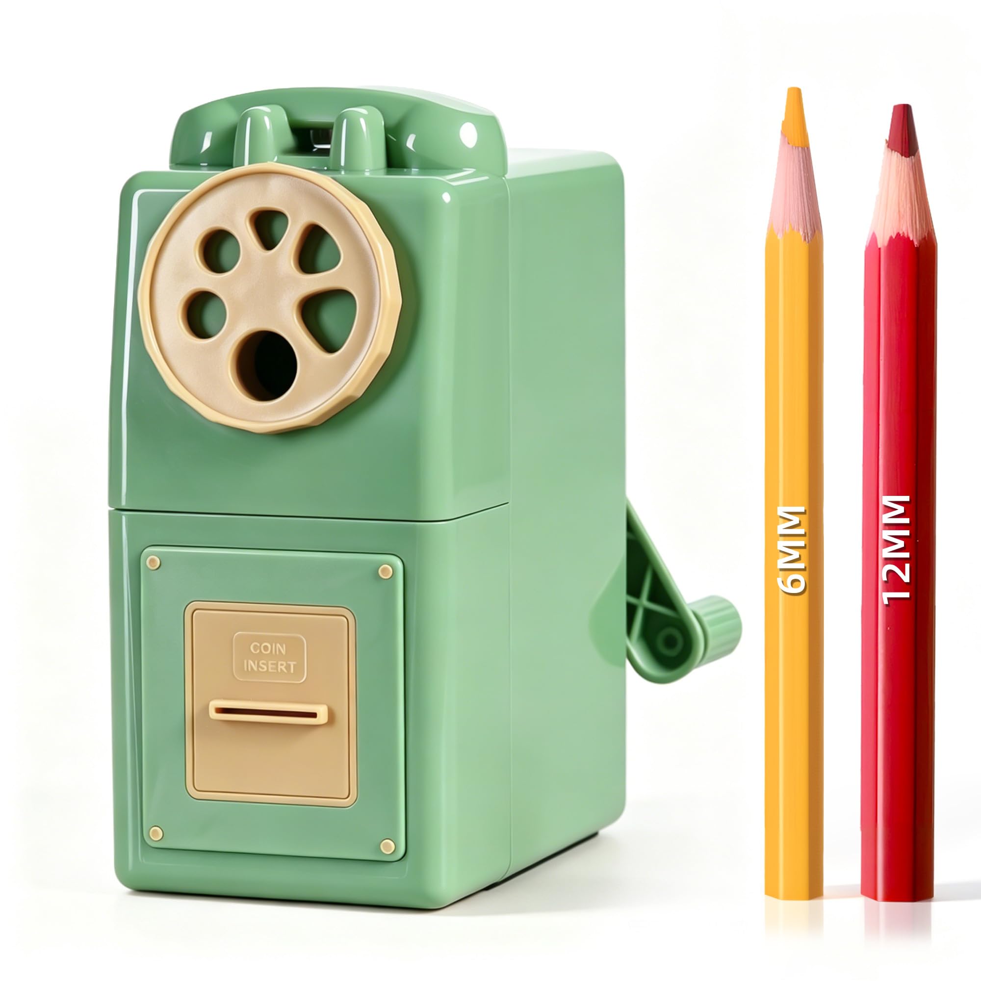 ZMOL Manual Hand Crank Pencil Sharpener, 6 Sizes, 6-12mm, Grey-Green