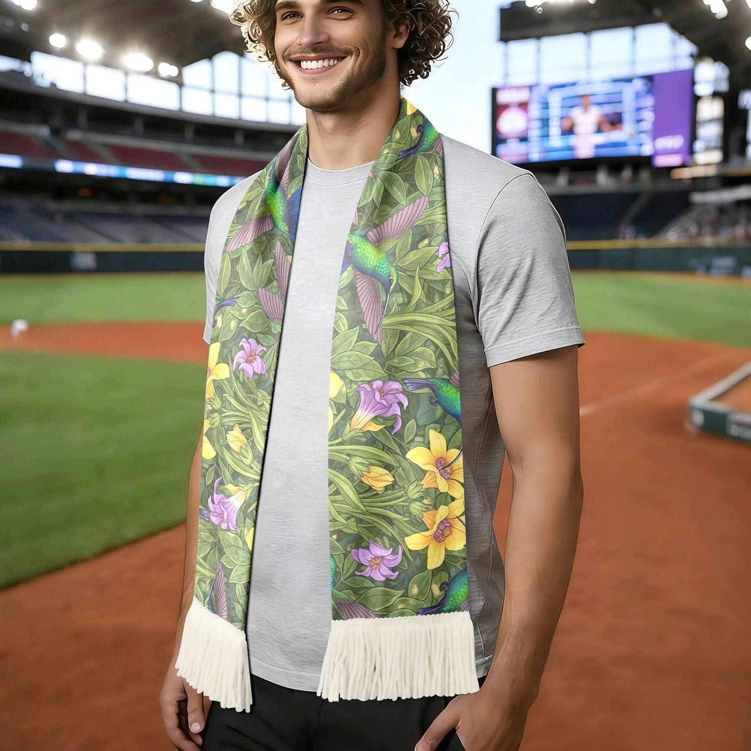 CHIFIGNO Colorful Flowers Birds Green Sports Fan Scarf Towel, Soft Polyester Sweat Wipe Cheering Scarf for Soccer Games, Quick Dry with Fringe Ends