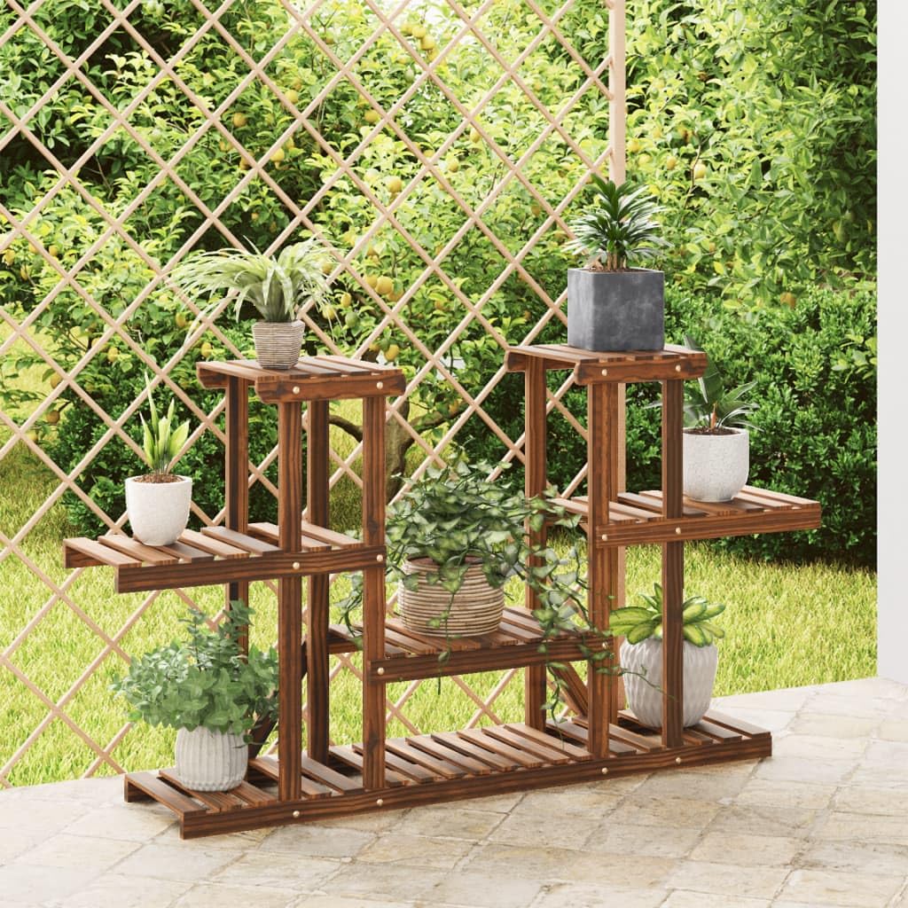 Soporte para flores de madera maciza de abeto, 110 x 25 x 73 cm, estantería para plantas con aspecto carbonizado para salón, balcón, terraza, incluye soporte de pared e instrucciones de