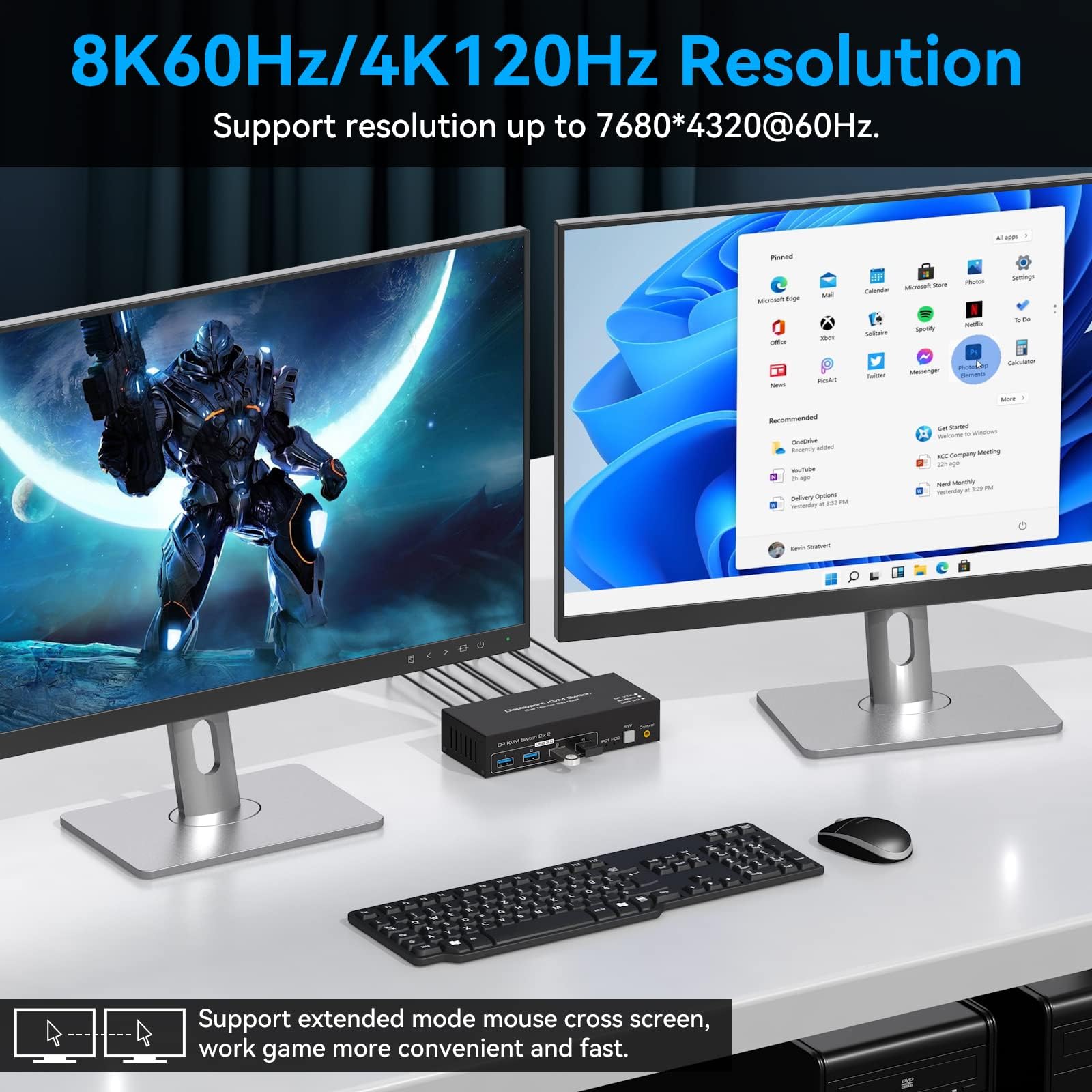VPFET Switch KVM Displayport 8K@60Hz 2 monitor 2 computer USB 3.0 KVM Switch per 2 computer Condividi monitor doppi e 4 dispositivi USB Supporto 4K @120Hz DP 1.4 con kit esterno e adattatore 12V DC