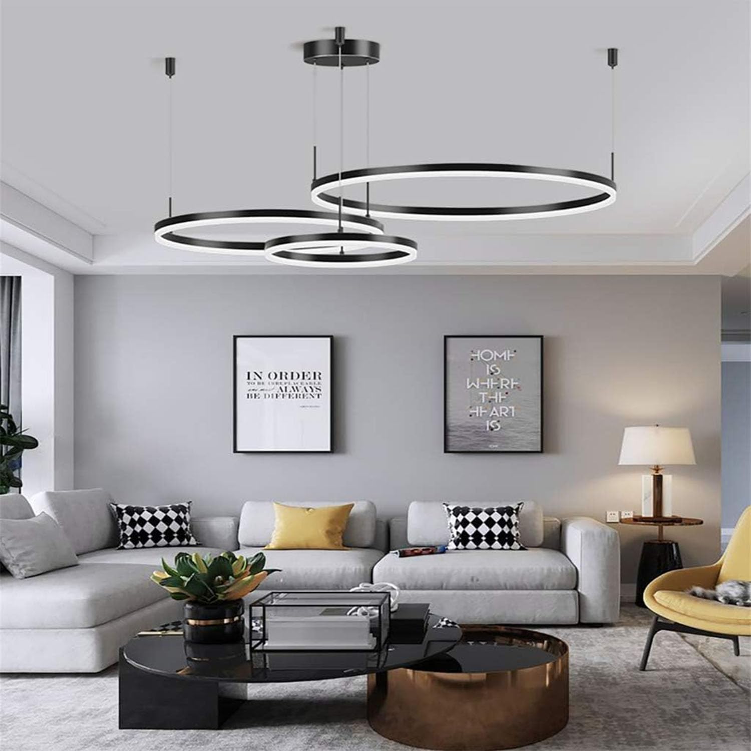 LED Pendelleuchte Moderne Schwarz 3-Ring Separate Installation Kronleuchter 75W Dimmbar Deckenbeleuchtung Für Schlafzimmer Wohnzimmer Esszimmer 40×60×80CM
