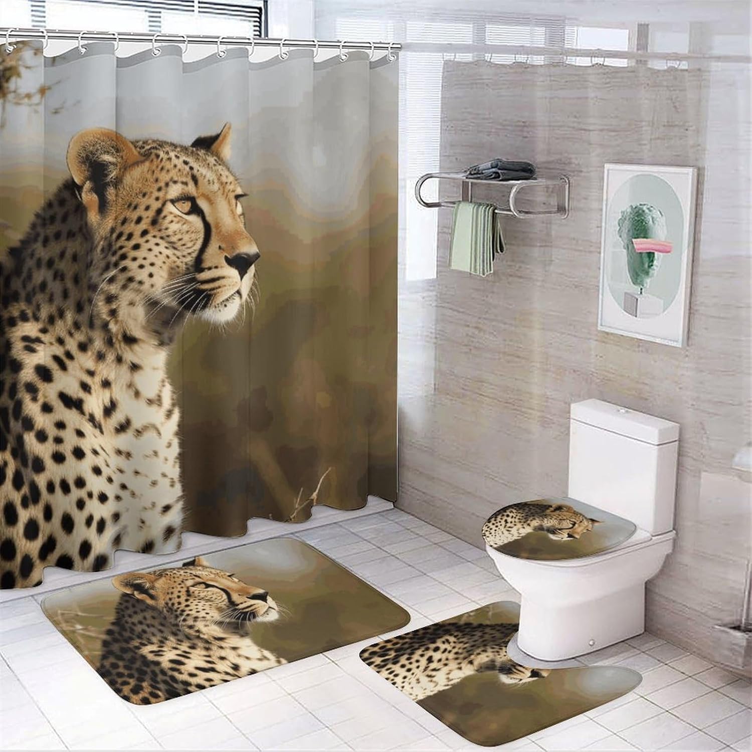 Wild Animal Leopard Shower Curtain Set 4 Piece, Non-Slip Bath Mat with Toilet Lid Cover and Waterproof Shower Curtain with 12 Hooks, Complete Bathroom Set for Home Decor