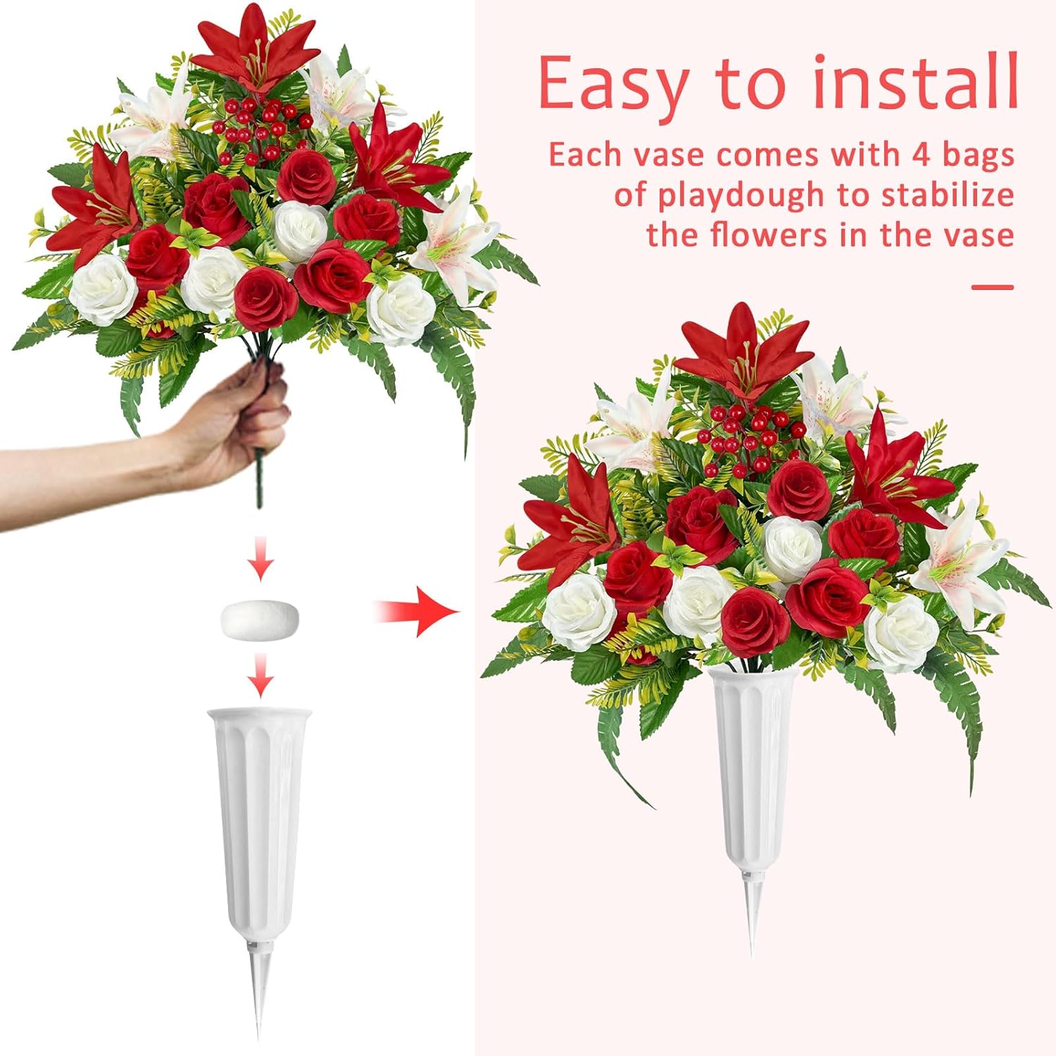 ICX Artificial Cemetery Flowers with Vase,2 Sets Artificial Rose Lily Grave Flowers for Cemetery,Memorial Day Flowers for Cemetery,Cemetery Flowers for Grave,Grave Decorations