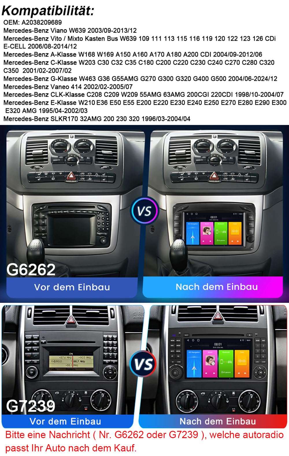Navigatore satellitare GPS da 7 pollici con CarPlay e Android + HD telecamera di retromarcia sistema di parcheggio compatibile con Mercedes-Benz G-Klasse W463 G36 G55AMG G270 G300 G320 G400 G500