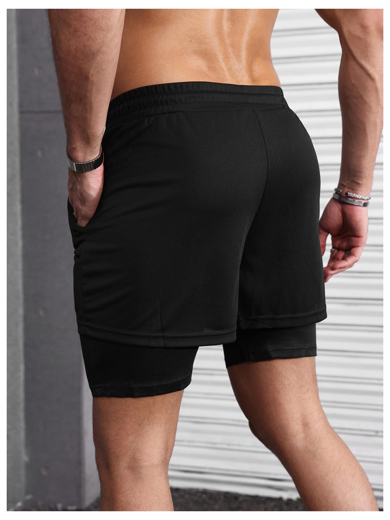 Floerns Pantaloncini da corsa 2 in 1 da uomo, stampa incrociata, atletica, palestra, allenamento, pantaloncini con fodera a compressione
