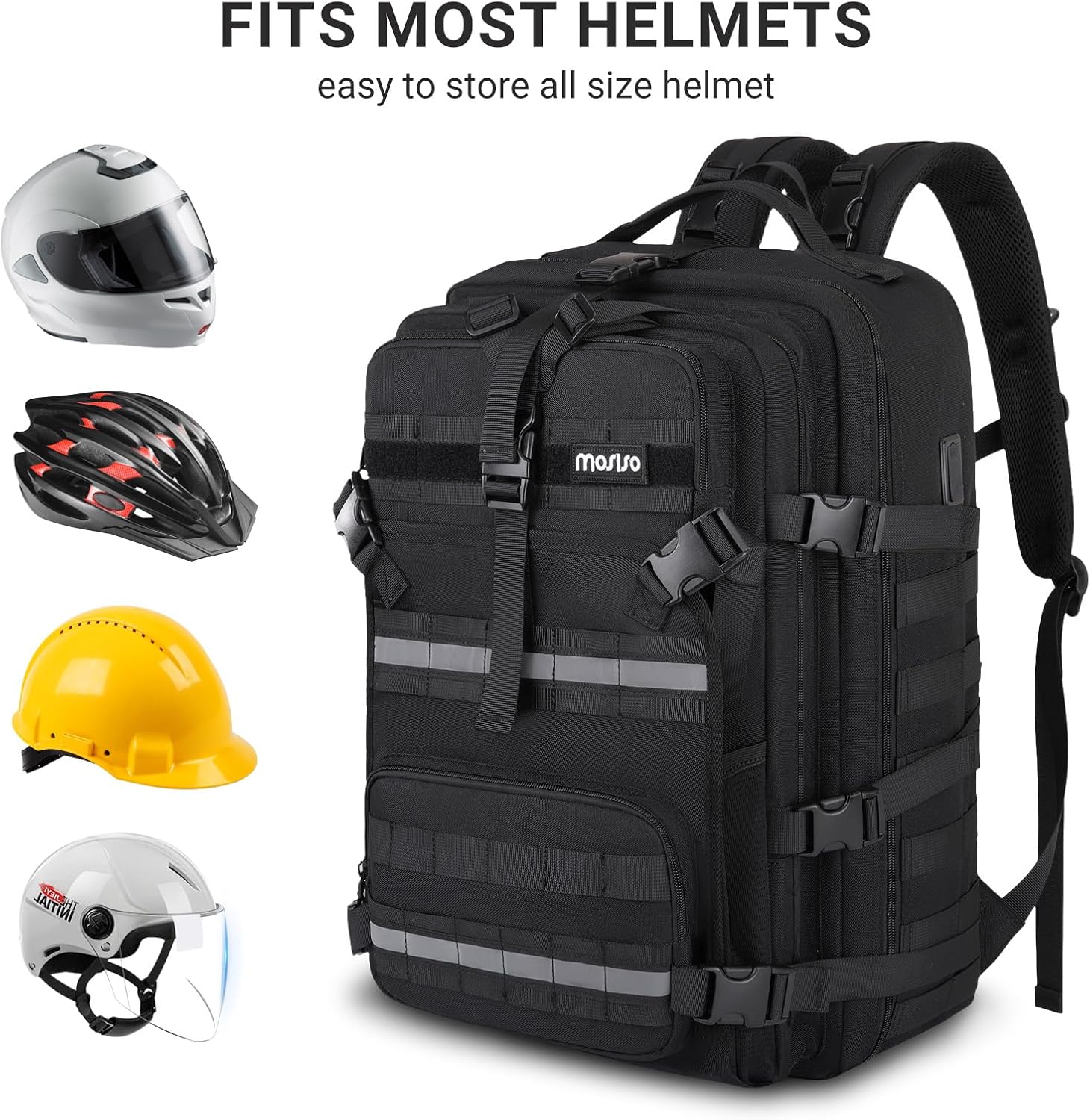 MOSISO Large Capacity Motorcycle Backpack for Men, Expandable Motorcycle Helmet Backpacks with USB Charging Port&Laptop Compartment, Tactical Backpack for Outdoor Cycling Riding Traveling, Black