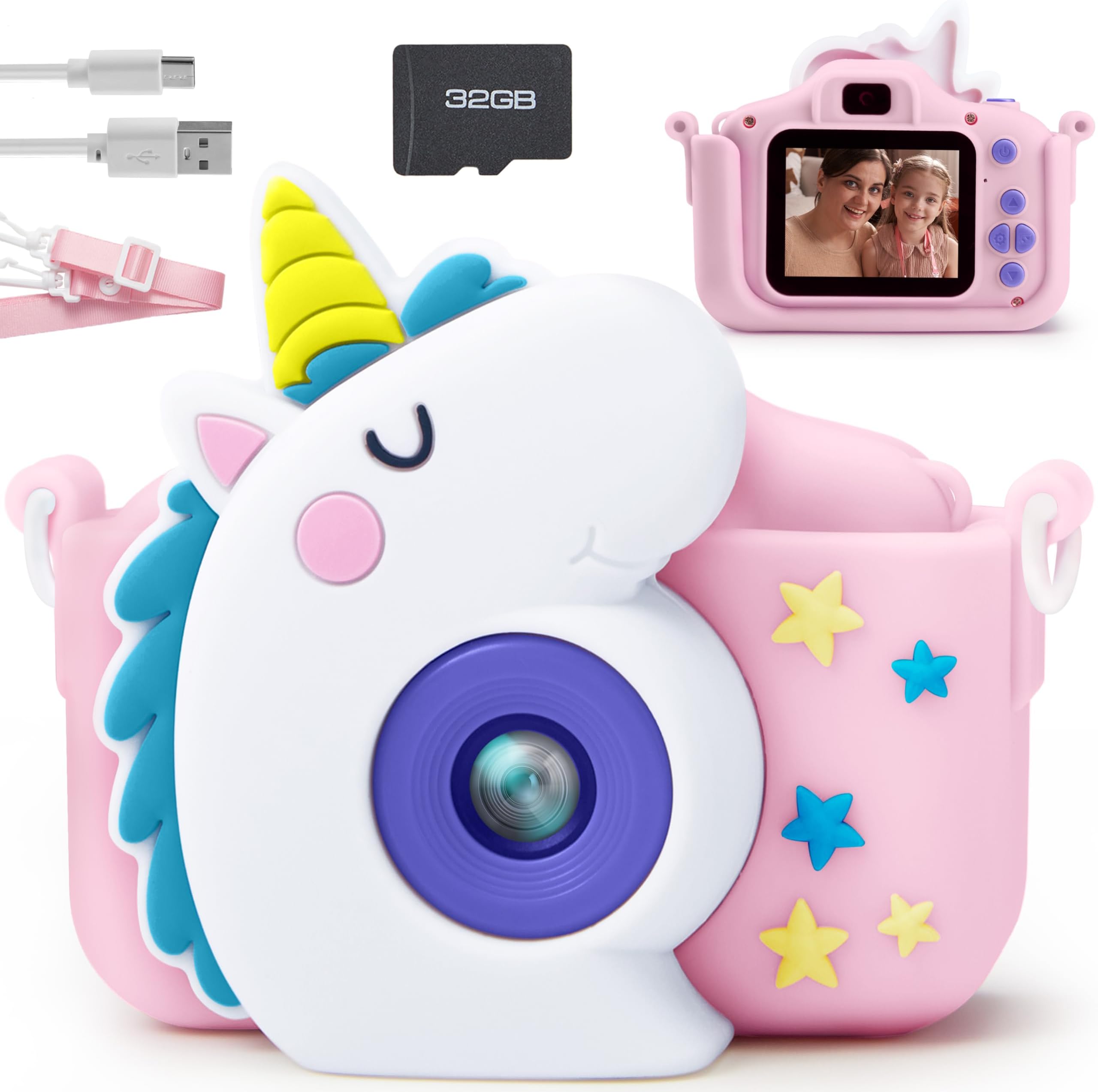 SYNCFUNSYNCFUN Kids Camera, Birthday Gifts for Girls 3 4 5 6 7 8 Year Old, Unicorn Toys Selfie Toddler Toy, 1080P HD Selfie Digital Video Camera with 32GB SD Card (Unicorn)