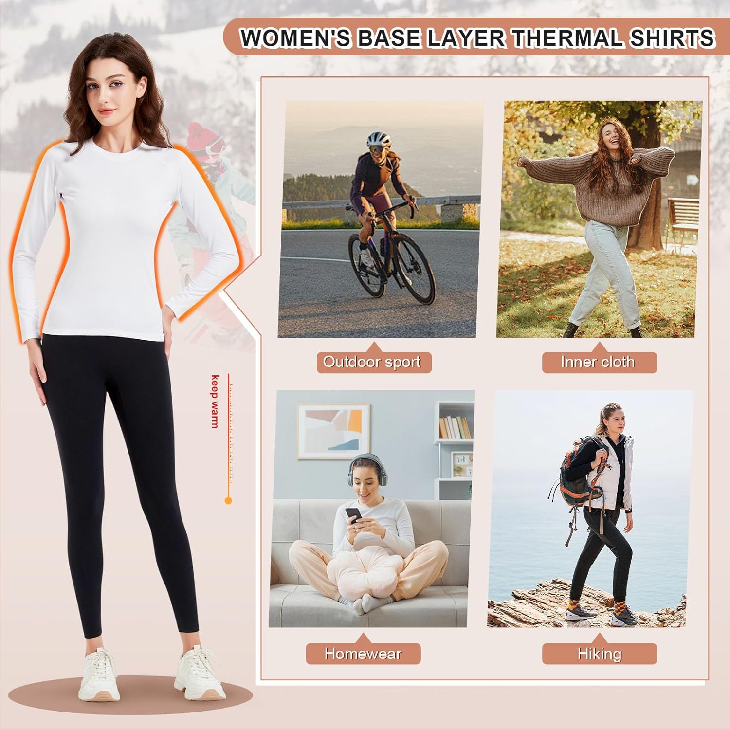 Women's Thermal Shirt Long Sleeve Base Layer, Fleece Lined Tops Lightweight Underwear for Cold Weather Running, Skiing - Image 7