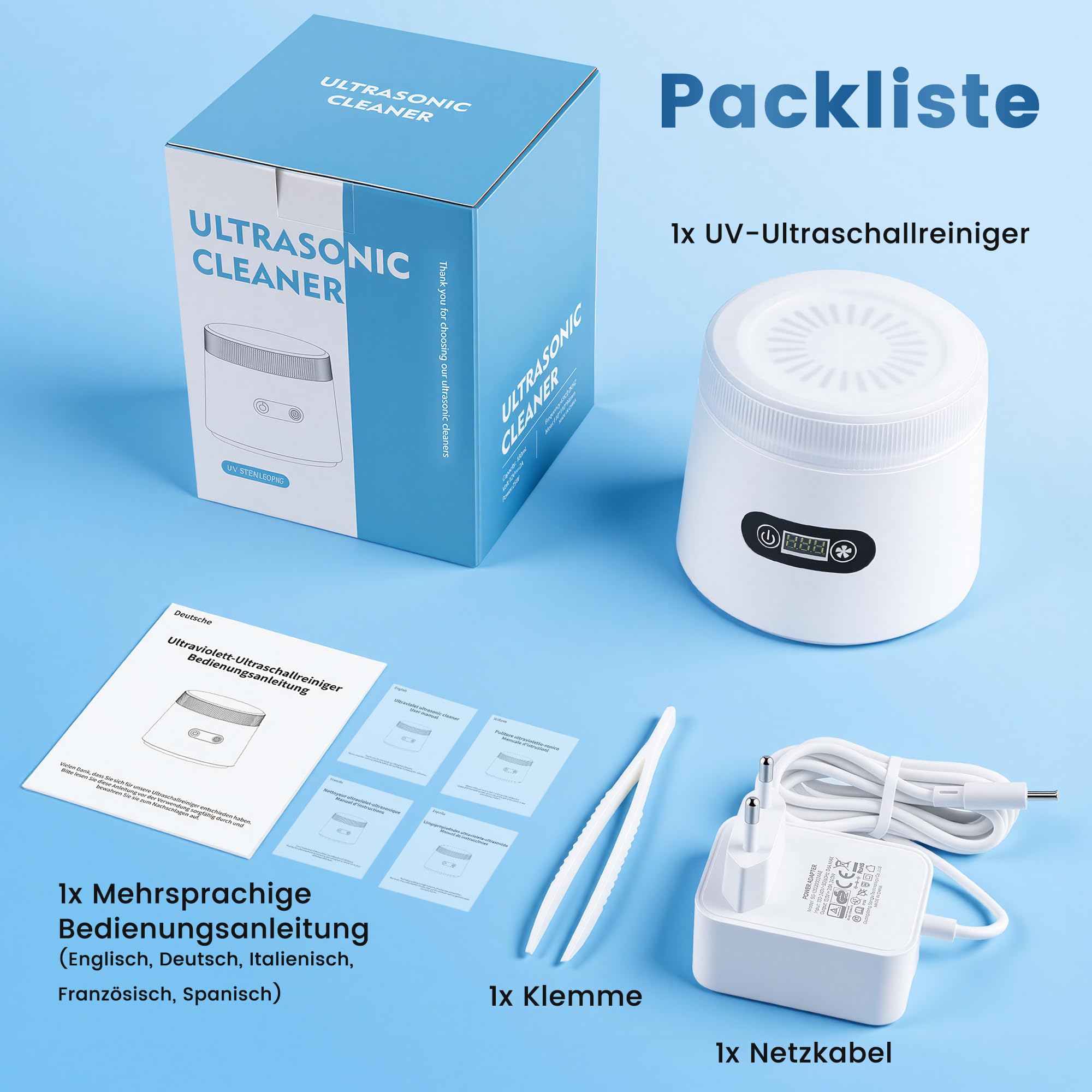 Dispositivo de limpieza por ultrasonidos para dientes (43 kHz, UV, con ventilador, 180 ml) | Secado rápido, limpieza suave, para dentaduras postizas, para joyas, vaina dental
