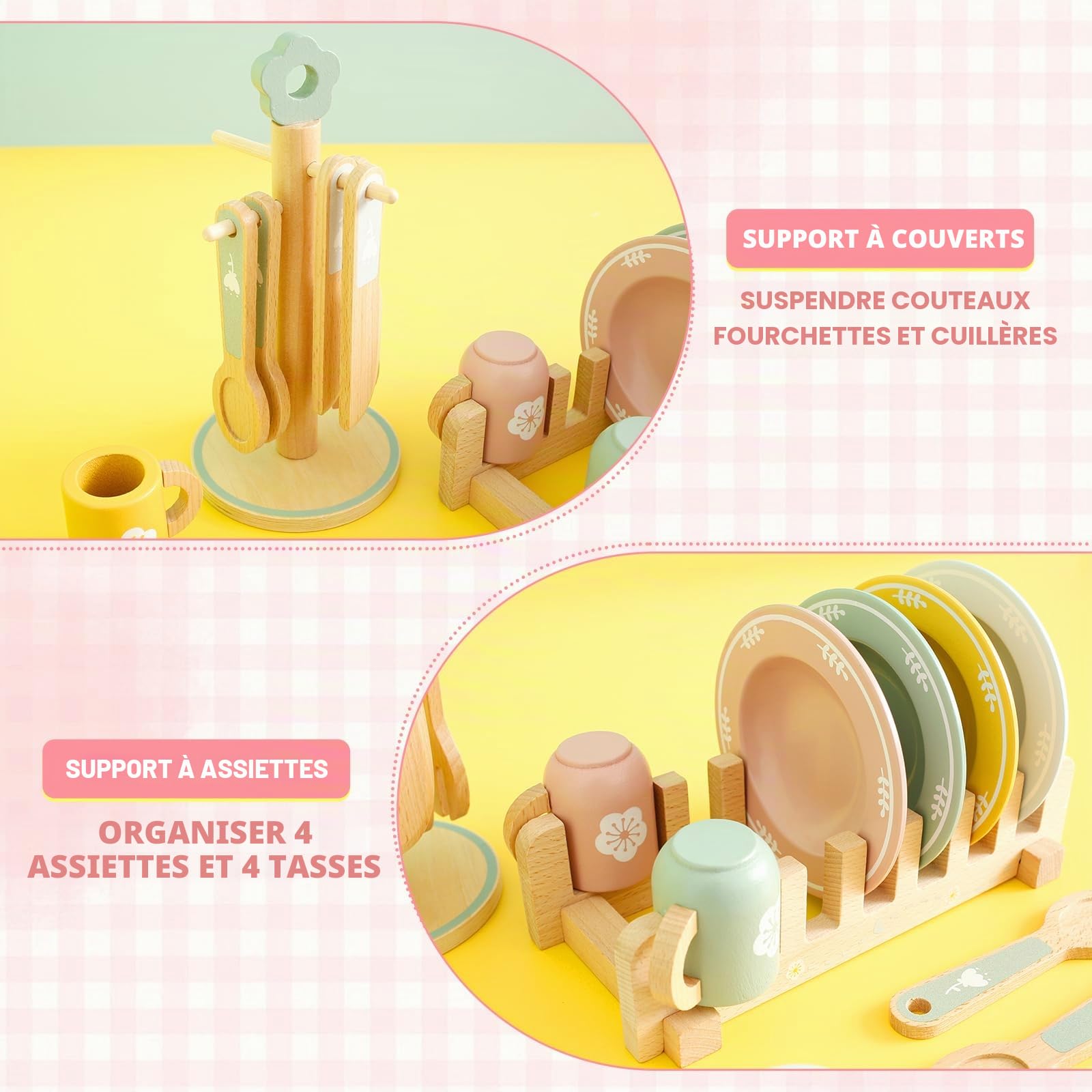 Set de cuisine pour enfants, jeux de cuisine bois, casseroles et plaques, 4 assiettes, 4 tasses, 4 couteaux, 4 fourchettes, 4 cuillères, support, convient aux garçons et filles, âge 3/4/5 ans
