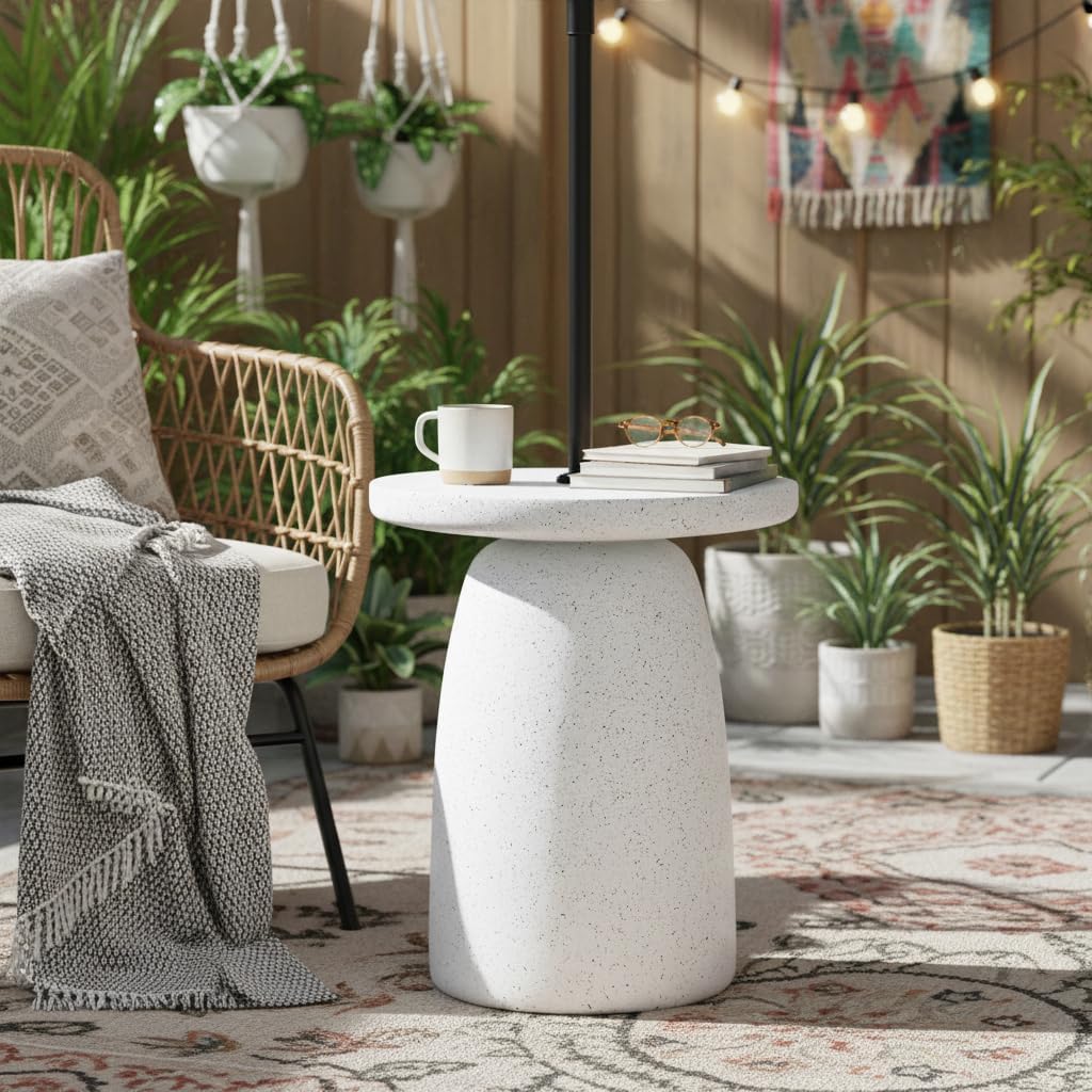 Christopher Knight Home Ogla 22'' MGO Outdoor Patio Side Table Umbrella Base, Heavy Duty Patio Umbrella Stand Outdoor Base with Hand-Turn Tightening Knob, Small Patio Coffee Table, White Marble