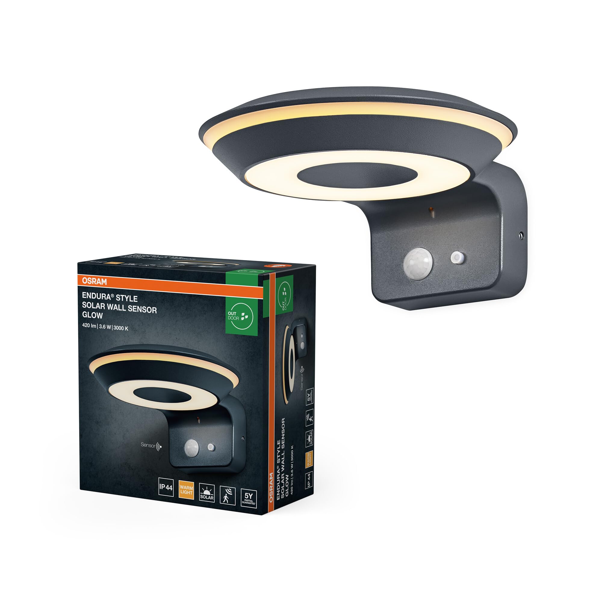 OSRAM Solarna Oprawa ścienna ENDURA Style Glow, dwa oddzielnie sterowane pierścienie świetlne, ciepłobiałe światło (3000K), zintegrowany czujnik, do użytku bez zasilania, stopień ochrony IP44,
