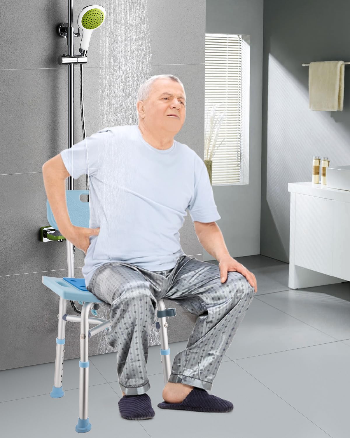 Taburete de ducha con respaldo extraíble, silla de ducha para personas mayores, soporta 220 kg, altura regulable 42-50 cm, asiento de ducha de aluminio, silla de baño, taburete para bañeras
