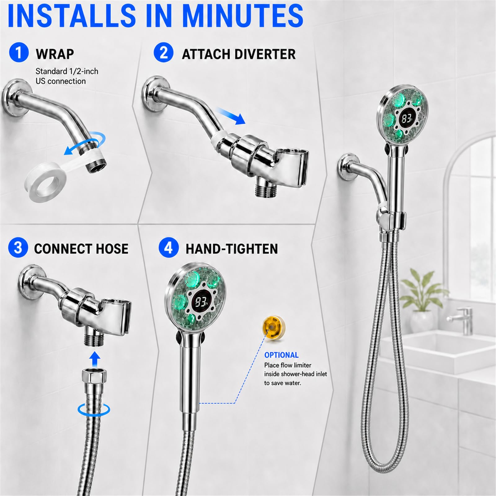 Soffione doccia a LED con palmare, cambia colore, soffione doccia ad alta pressione con display della temperatura dell'acqua, soffione a spruzzo a risparmio idrico con tubo da 150 cm e staffa doccia