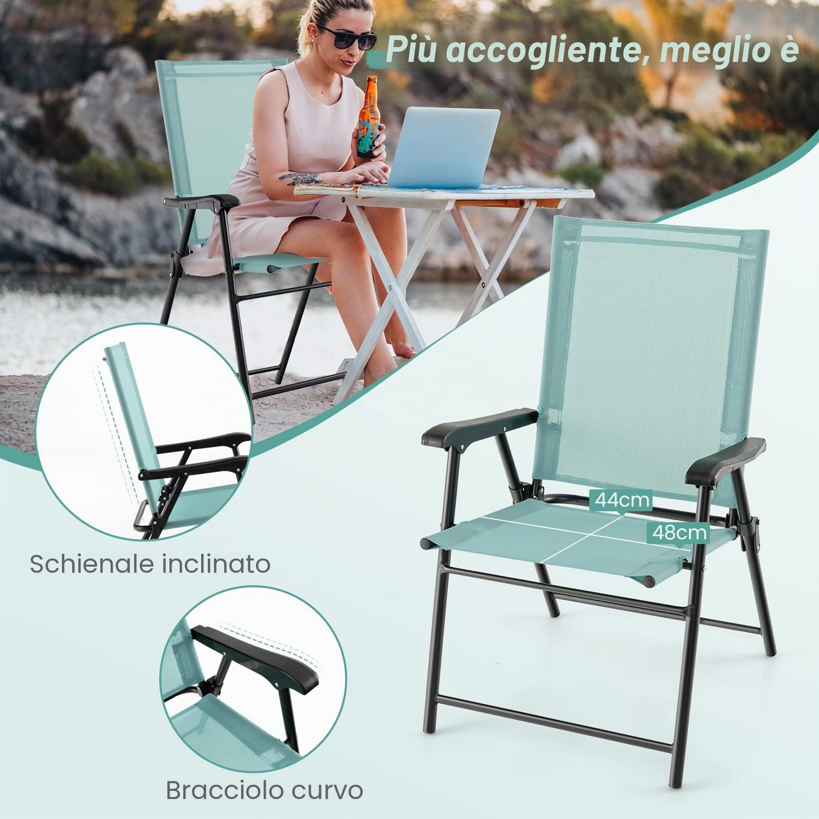 GIANTEX Set di 2 sedie da giardino pieghevoli, con schienale alto e bracciolo, resistenti alle intemperie, in metallo e tessuto, portata fino a 150 kg (verde menta)