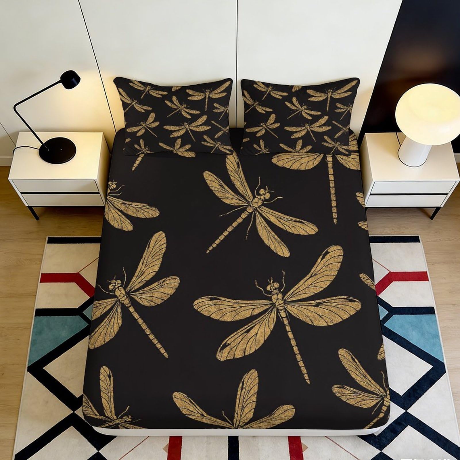 3D Printed Golden Dragonfly Fitted Sheet Microfiber Soft Black Insect Bed Cover for Bedroom Dorm Mattress Protection Decor 140x200x25cm