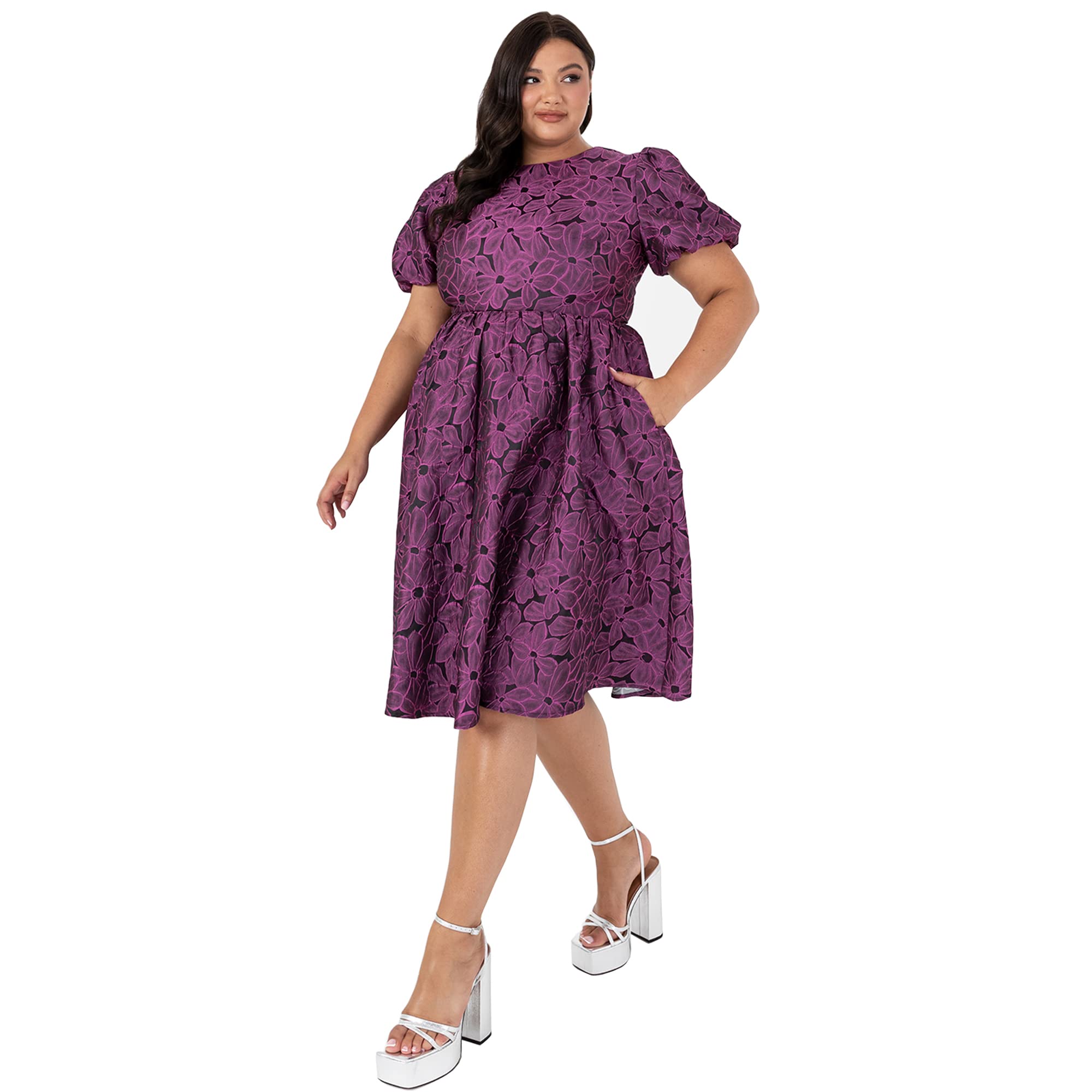 Lovedrobe Womens Ladies Plus Size Dress Curve Skater Midi Back Keyhole Short Sleeves Floral Flowers Crew Neck High Waist A-line Size 20