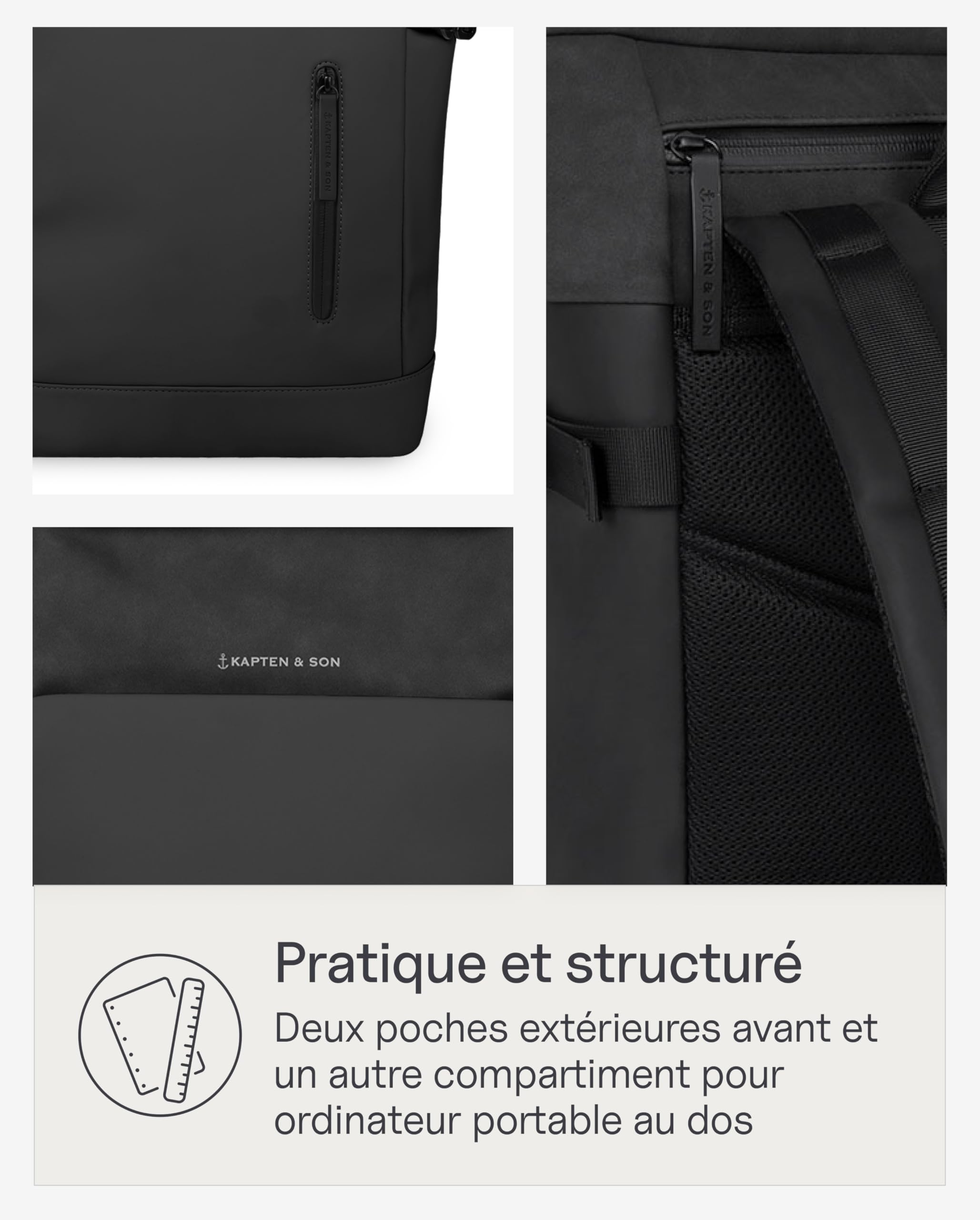 Kapten & Son Aarhus All Black sac a dos 14 L | Sac à dos noir pour homme et femme | Rolltop | compartiment pour ordinateur portable 14" | pour voyager, bagage cabine, travail, université, école