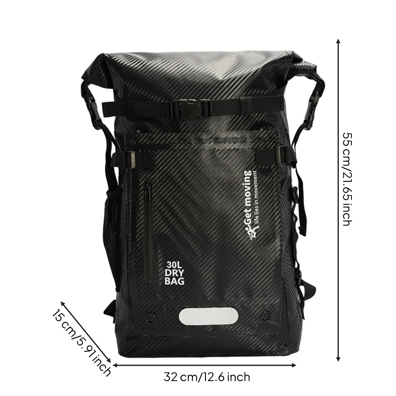 Harilla Mochila Impermeable Seca Bolsa Estanca Náutica Hecha en Tejido de Fibra de Carbono con 30L y Bolsillos Laterales Ajustables Adecuada para Kayak, Array, Negro