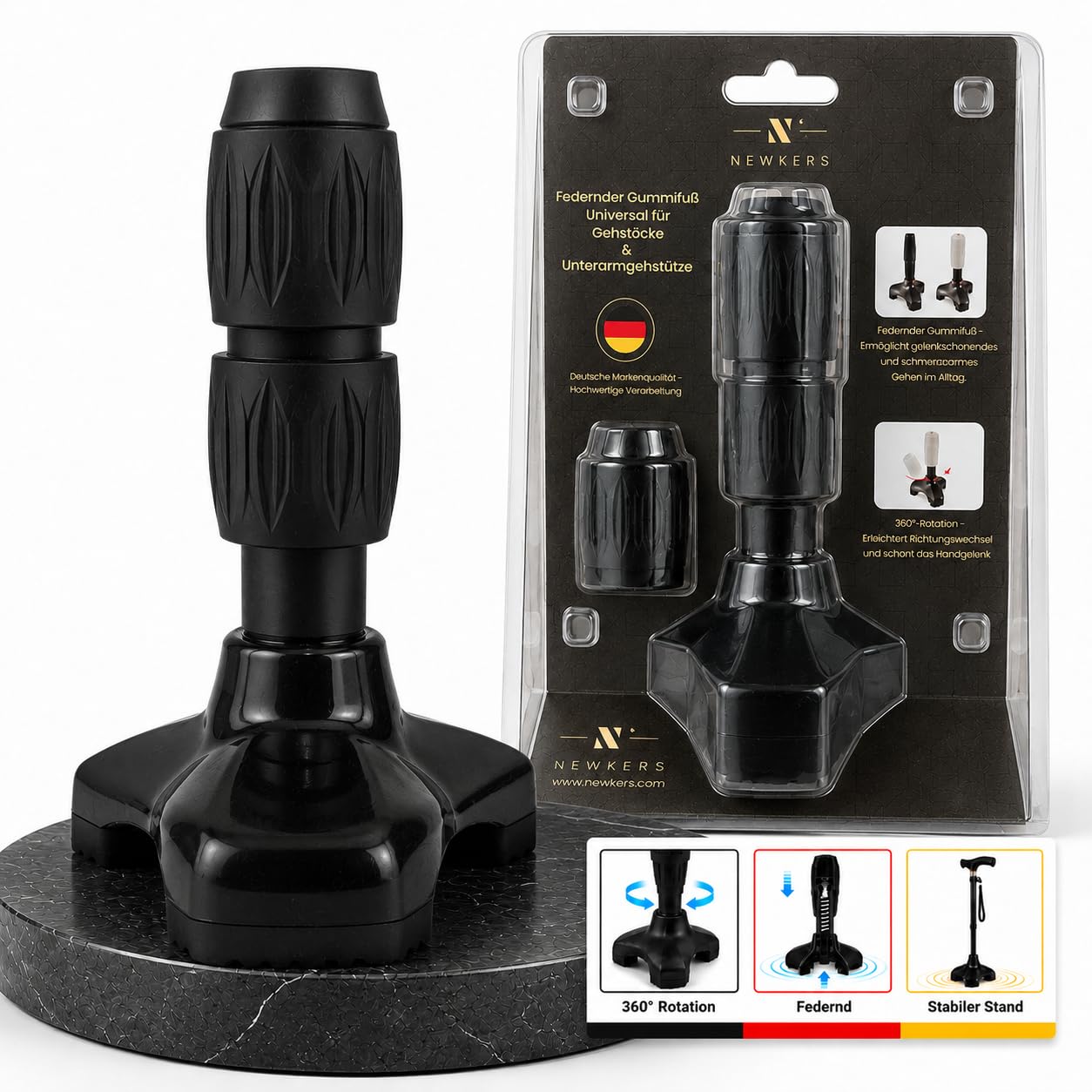 Pie de punta universal que absorbe los golpes – Tri-pie estable para bastones de 3/4" y 5/8", punta de repuesto antideslizante de 3 puntos con rotación de 360° para una muñeca suave