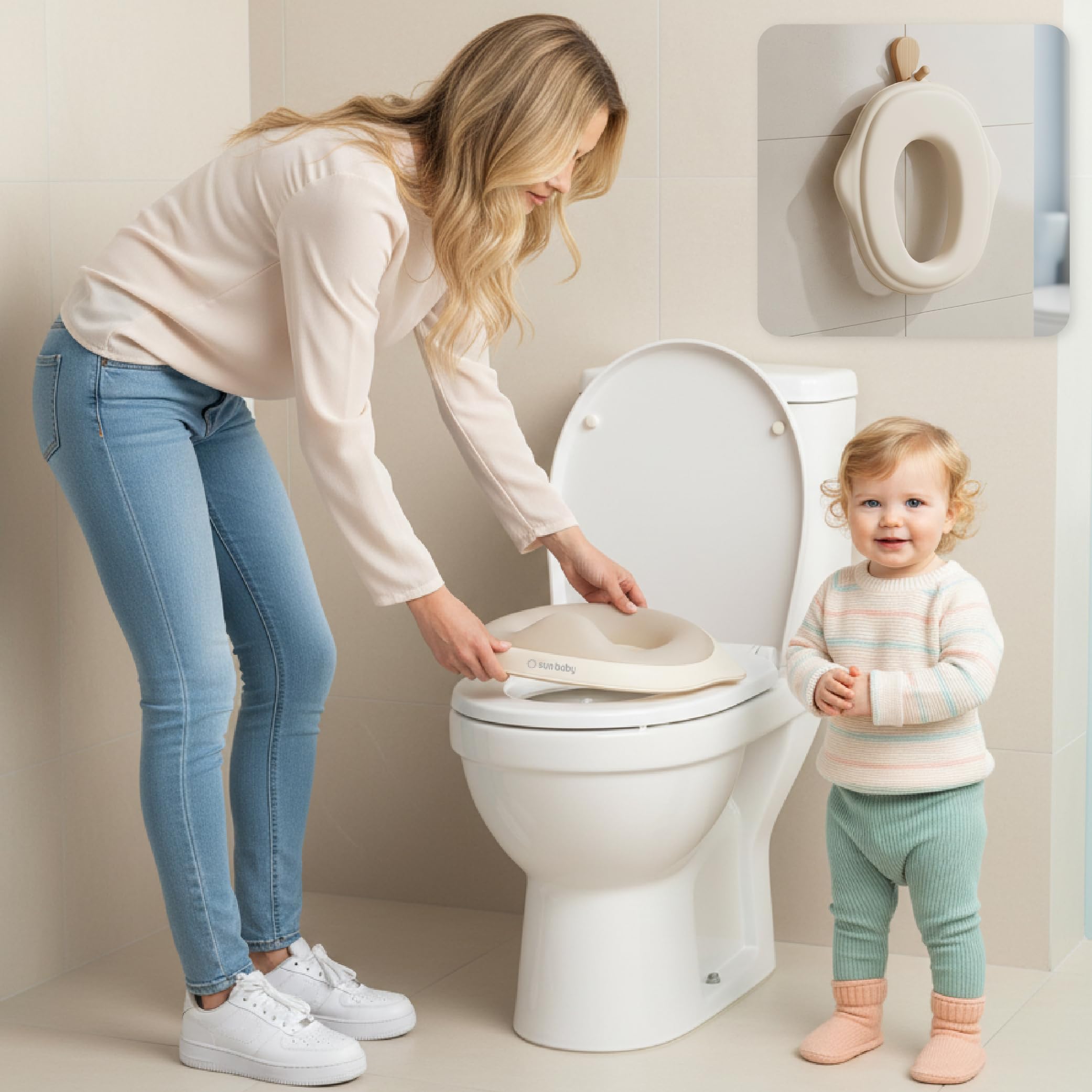sun baby Nakładka na sedes WC dla dzieci, Nakładka sedesowa 2-6 lat - antypoślizgowy, profilowany kształt, łatwa do czyszczenia, pasuje do standardowych sedesów - Biało-Beżowa