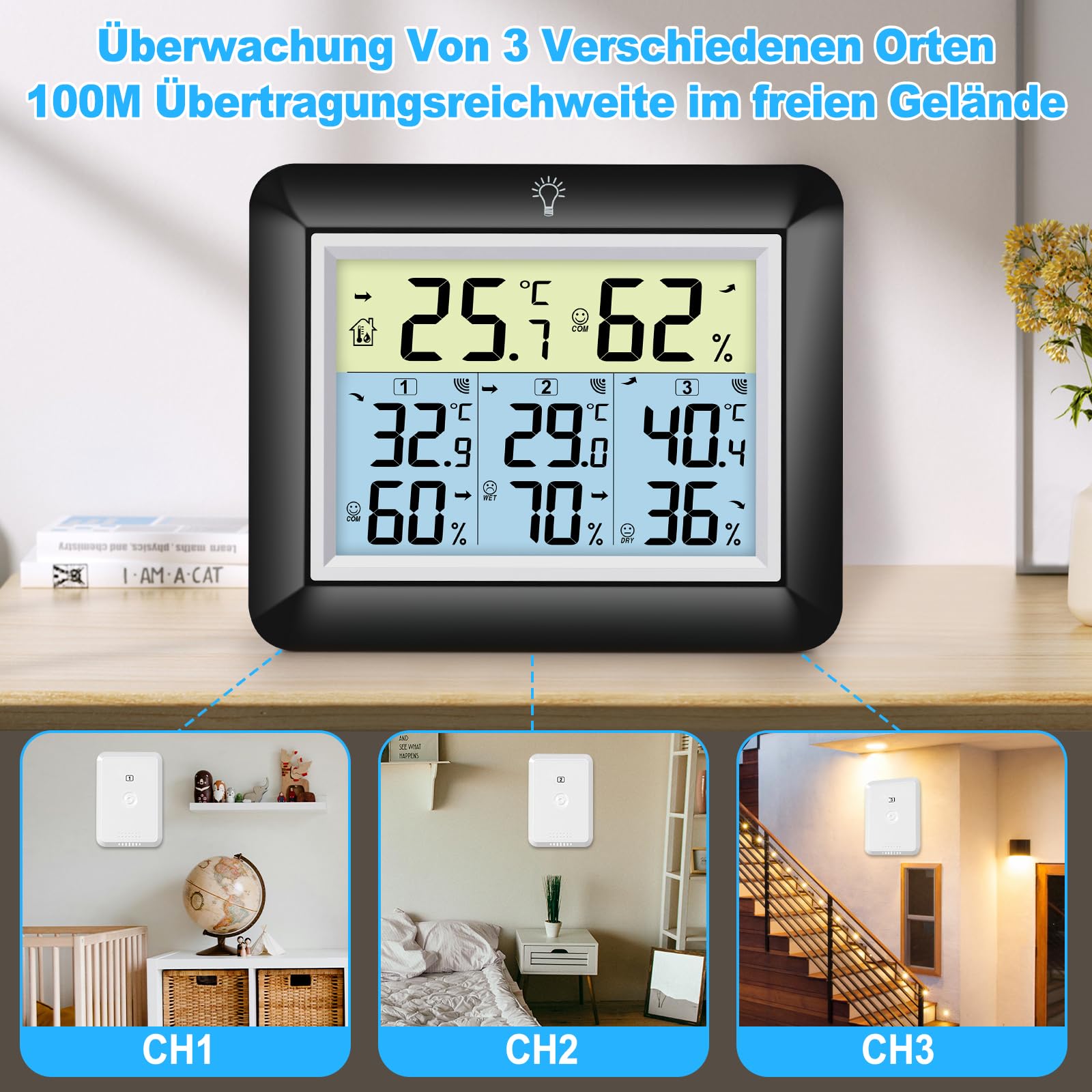 Urageuxy Funk Thermometer mit 3 Außensensoren - Wetterstation mit 100m Reichweite, Digital Hygrometer Thermometer mit Großem LCD-Display, MIN/MAX-Aufzeichnung, Einfache Bedienung (Schwarz)