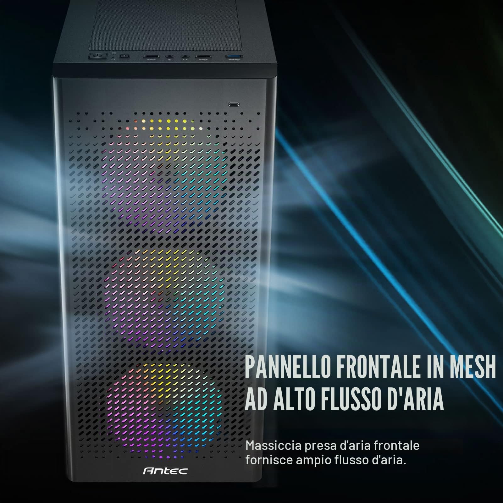 ANTEC NX Series NX500M, Pannello frontale in rete, Tipo-C 3.2 Gen2 Ready, 1 ventola da 120 mm inclusa, Pannelli laterali in vetro temperato, Supporto radiatore da 360 mm, Case da gioco Mini-Tower