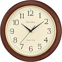 Bulova C5004 Atomic Time 2 Wall Clock - 12.4" Cherry Wood Frame, Auto-Sync Quartz, DST Adjust, Classic Analog Design