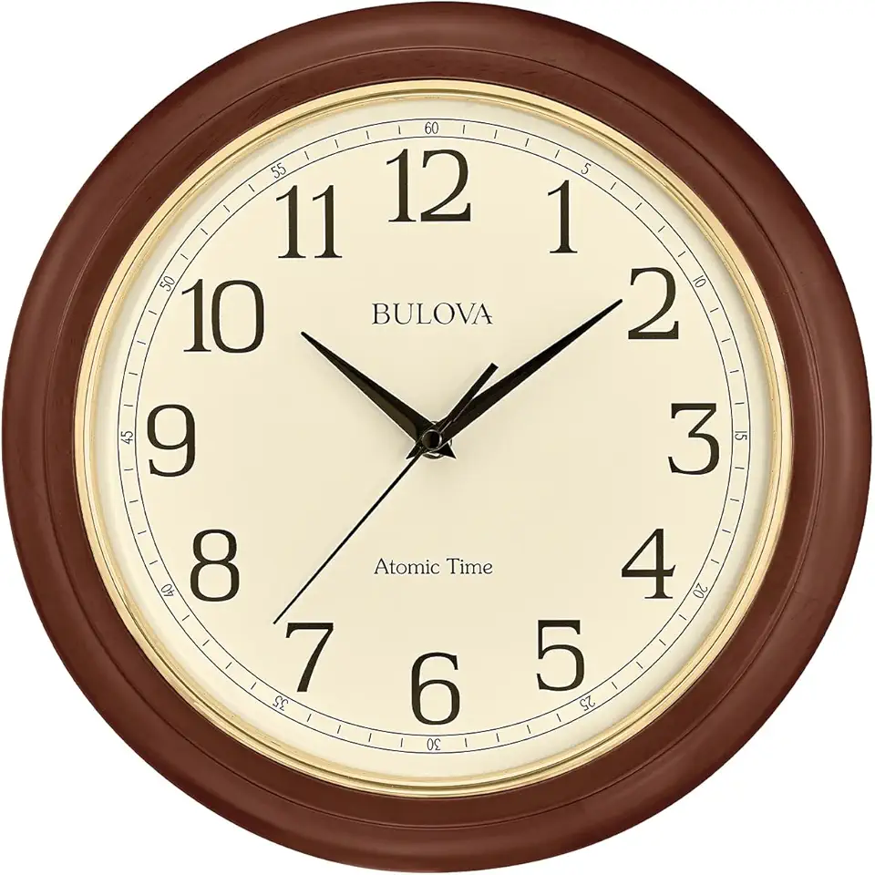 Bulova Atomic Time 2 Analog Wall Clock C5004 | 12.4" Wooden Frame, Sets Time Automatically | Quartz Movement | Battery Operated | Classic Design