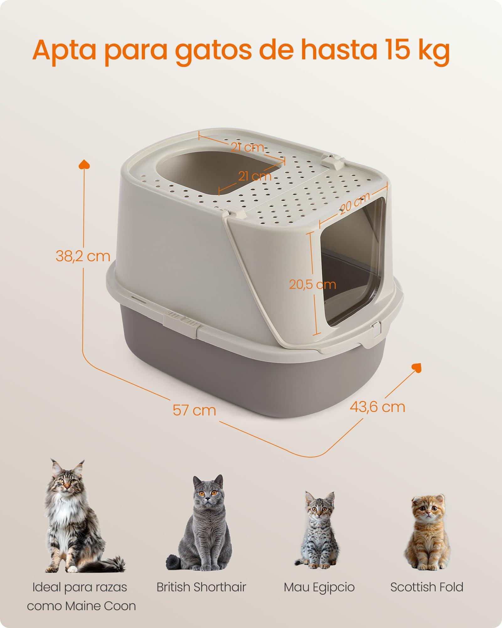 Feandrea Arenero para Gatos XXL, Caja de Arena con Tapa, Paleta y Cepillo, para Gatos de hasta 15 kg, Color Avena y Gris Cálido PPT011LH01
