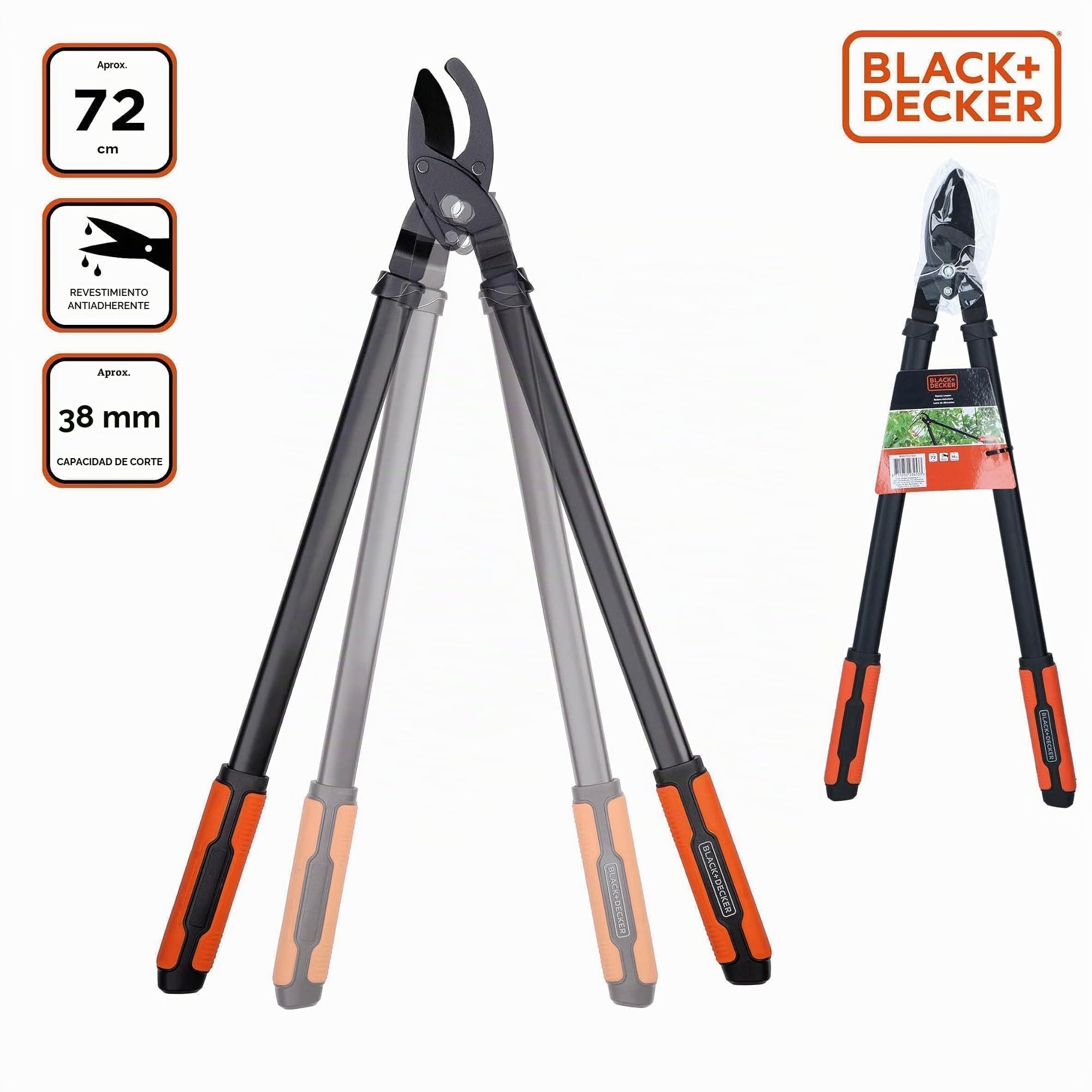 BLACK+DECKER Tijeras de podar – Capacidad de corte 38 mm – 72 cm – Tijeras de podar – con revestimiento antiadherente en las cuchillas – negro/
