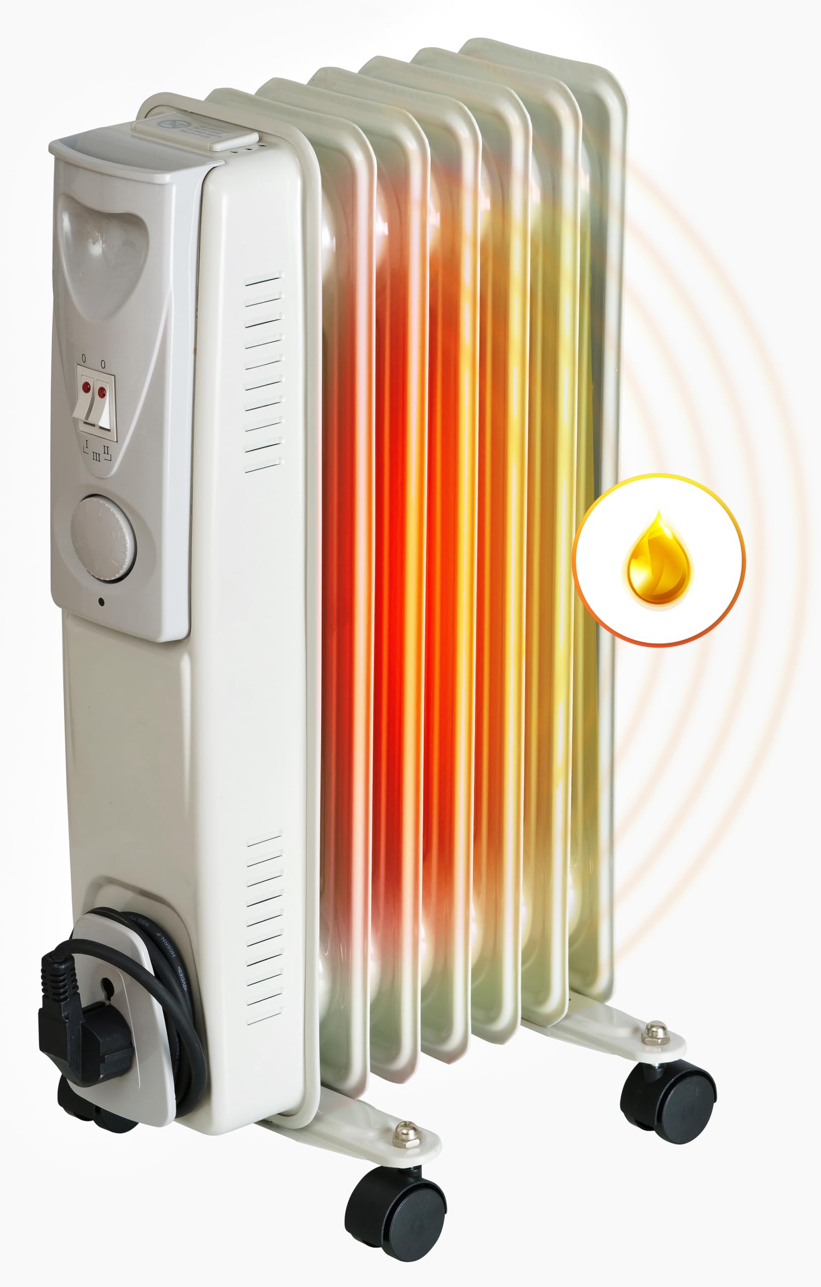BROLLUX Chauffage à huile électrique 1500W Radiateur à huile Chauffage électrique 7 ailettes Radiateur mobile Appareil de chauffage Thermostat Chauffage à huile