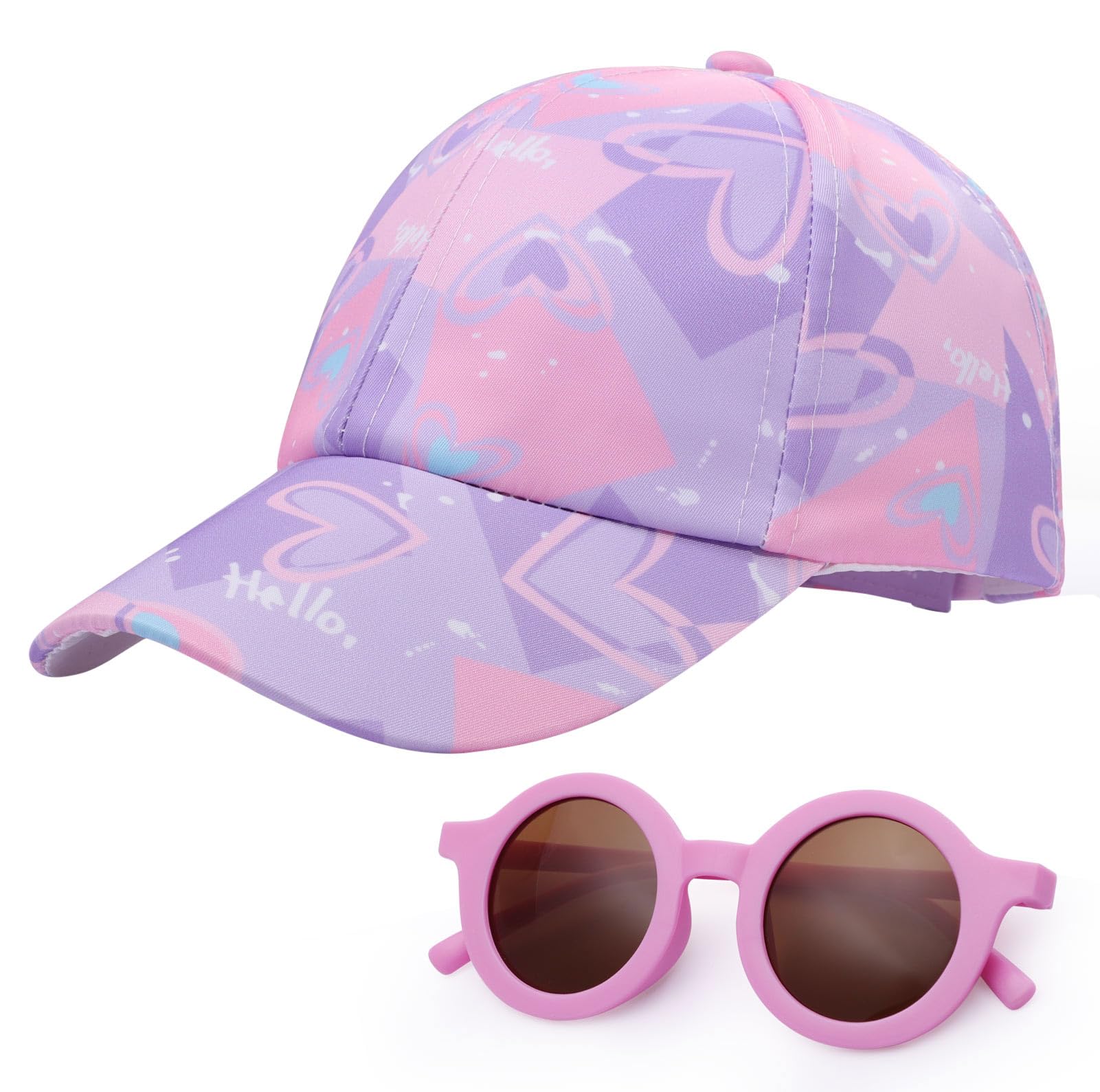 Girls Baseball Cap with Sunglasses Set Fashion Cute Trucker Hat Adjustable Snapback Kids Sun Hat Summer Sports Ponytail Cap