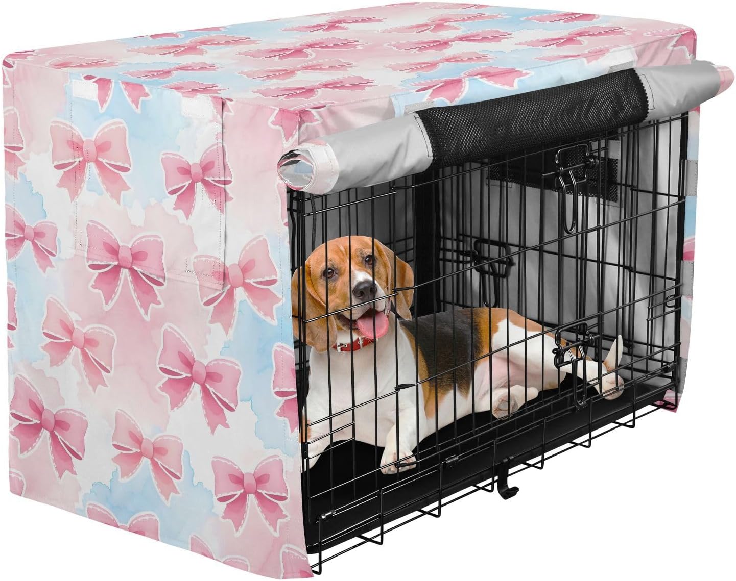 Watercolor Bow Pattern Dog Crate Cover 600D Oxford Pet Kennel Cover with Mesh Window for Dog Cages, Windproof Waterproof Machine Washable, 48"x30"x33"