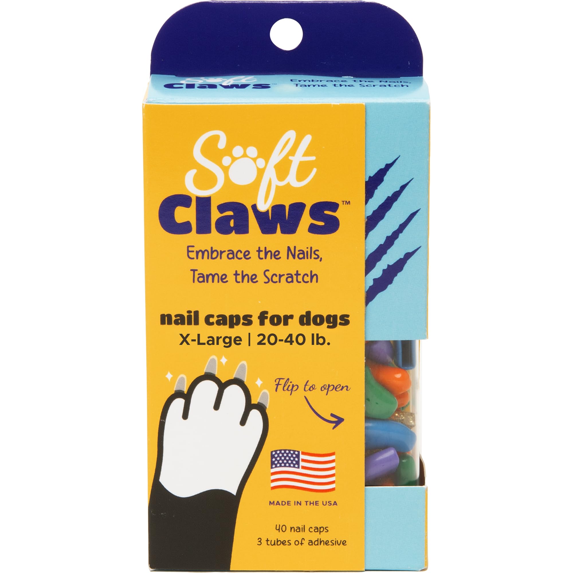 Soft Claws Dog Nail Caps, 40 X-Large Nail Caps, Made in USA - Vet Developed, Safe & Non-Toxic Easy to Apply Claw Covers | Protects Furniture & Skin,