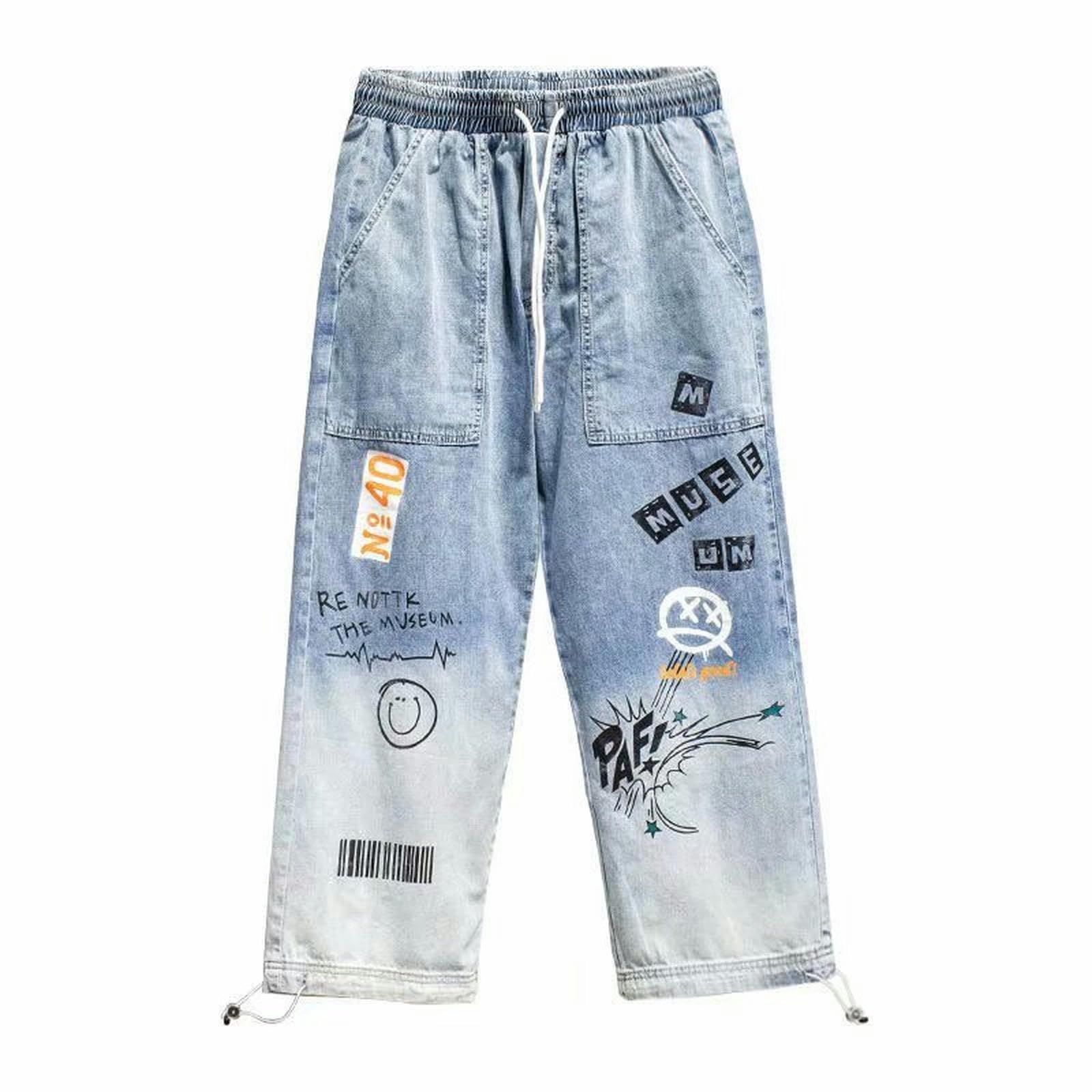AYAZER Letter Print Jeans Men's Loose Graffiti Leggings ins Drawstring Pants-Light Blue-L