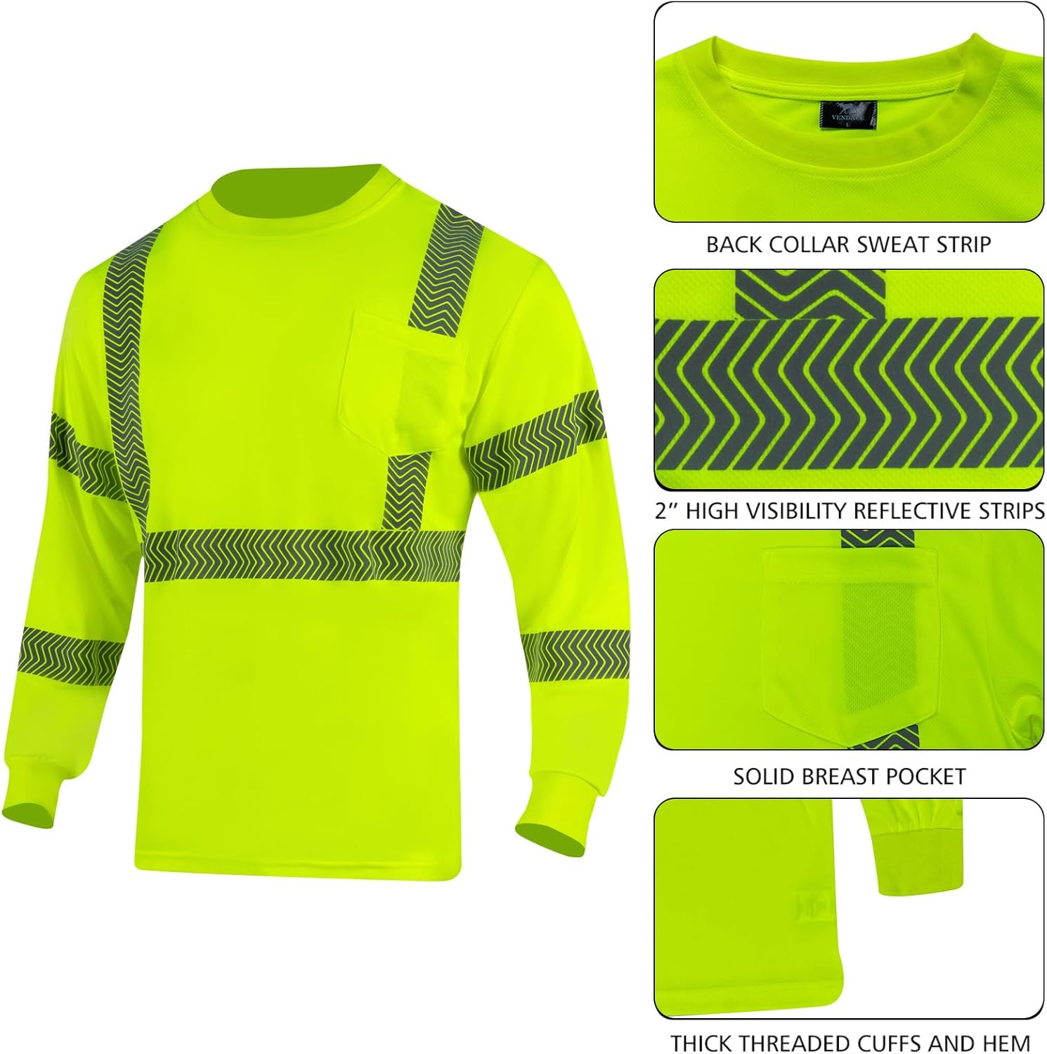 VENDACE Safety Shirt Hi Vis Long Sleeve High Visibility Reflective Work Shirts Class 3 Hi Vis Construction Shirts for Men - Image 4