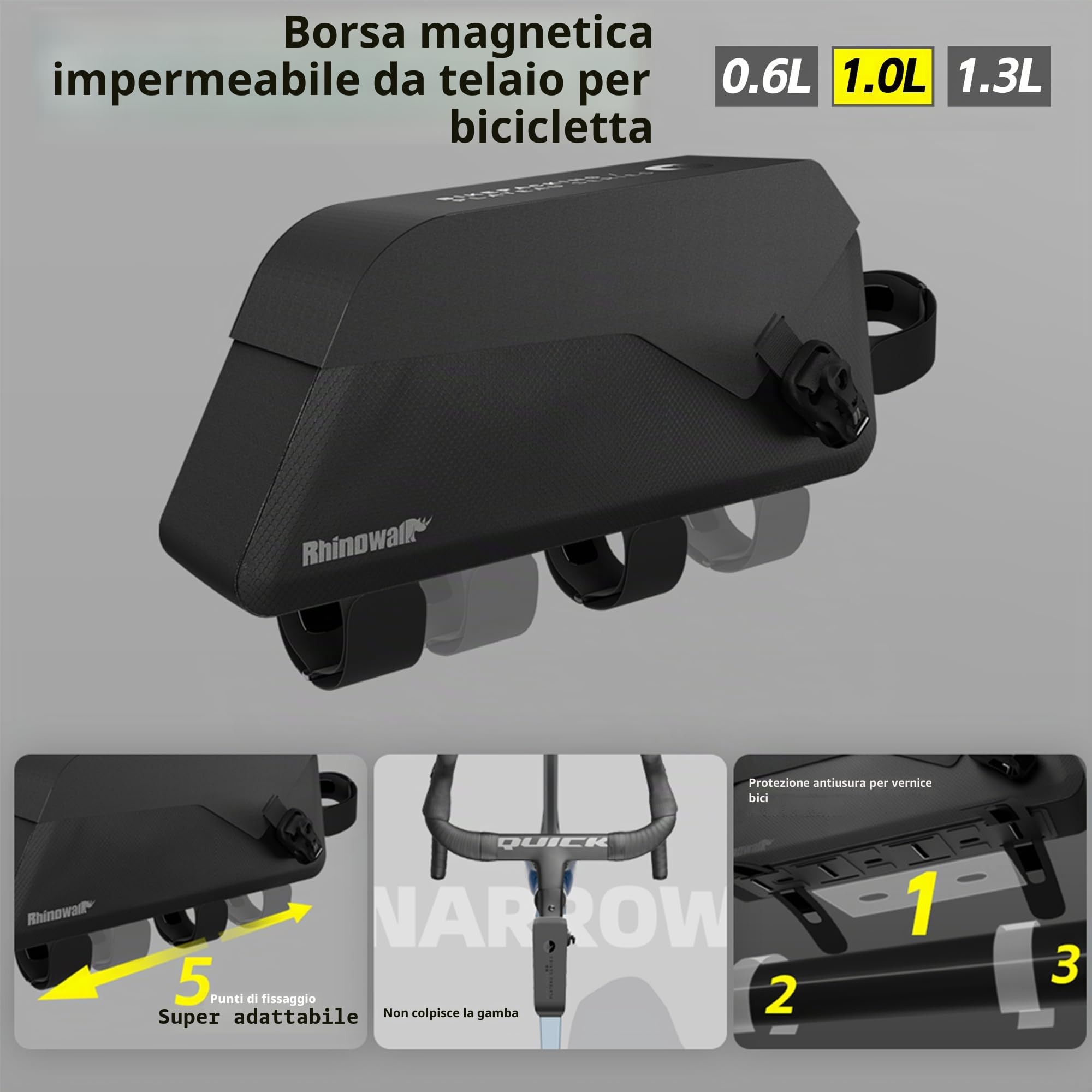 Rhinowalk - Borsa per tubo del telaio da bicicletta 0,6L con linguetta magnetica, completamente impermeabile e stabile, borsa per telaio da bicicletta, borsa per bicicletta, accessori professionali